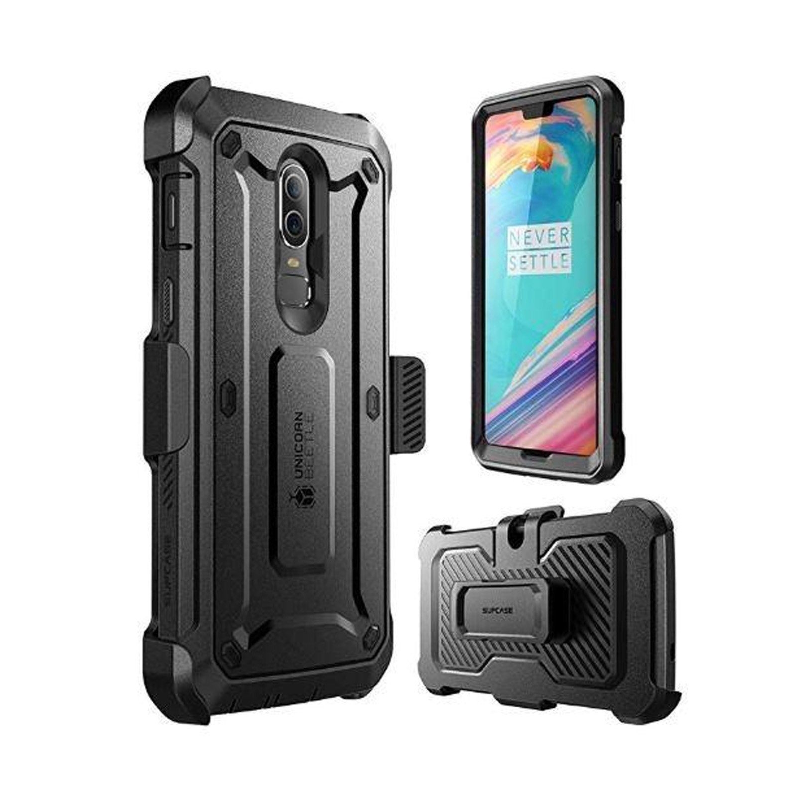 OnePlus 6 Unicorn Beetle Pro Rugged Holster Case - Heavy Duty Protective Cover with Built-in Screen Protector & Kickstand (Black) - Perfect for Outdoor, Work, and Extreme Sports Protection