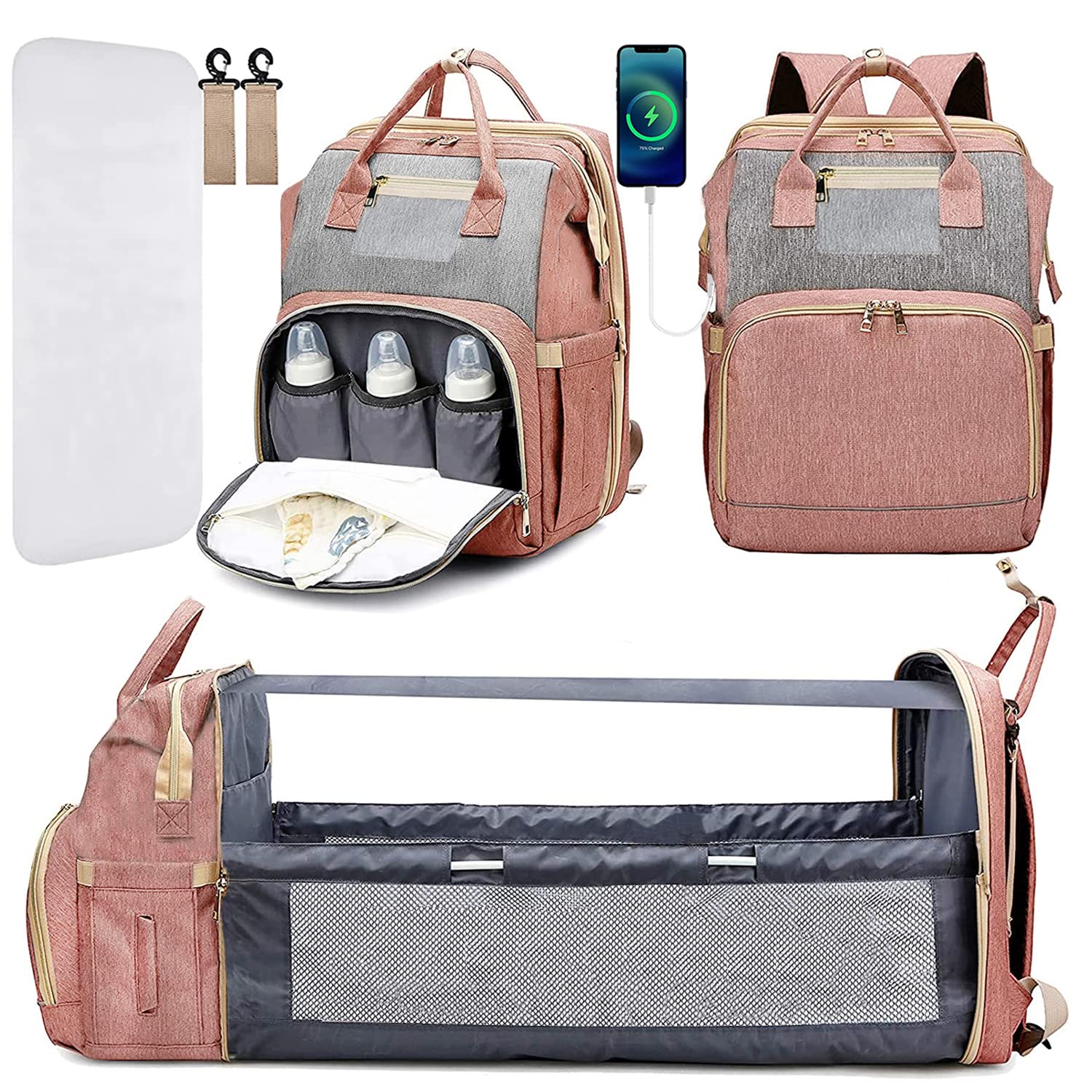 Waterproof Diaper Backpack for Baby Boys & Girls - Large Travel Diaper Bag with USB Charging Port - Multifunctional Parent Backpack for Moms & Dads (Pink Grey) - Perfect for Daycare, Travel & Outdoor Activities