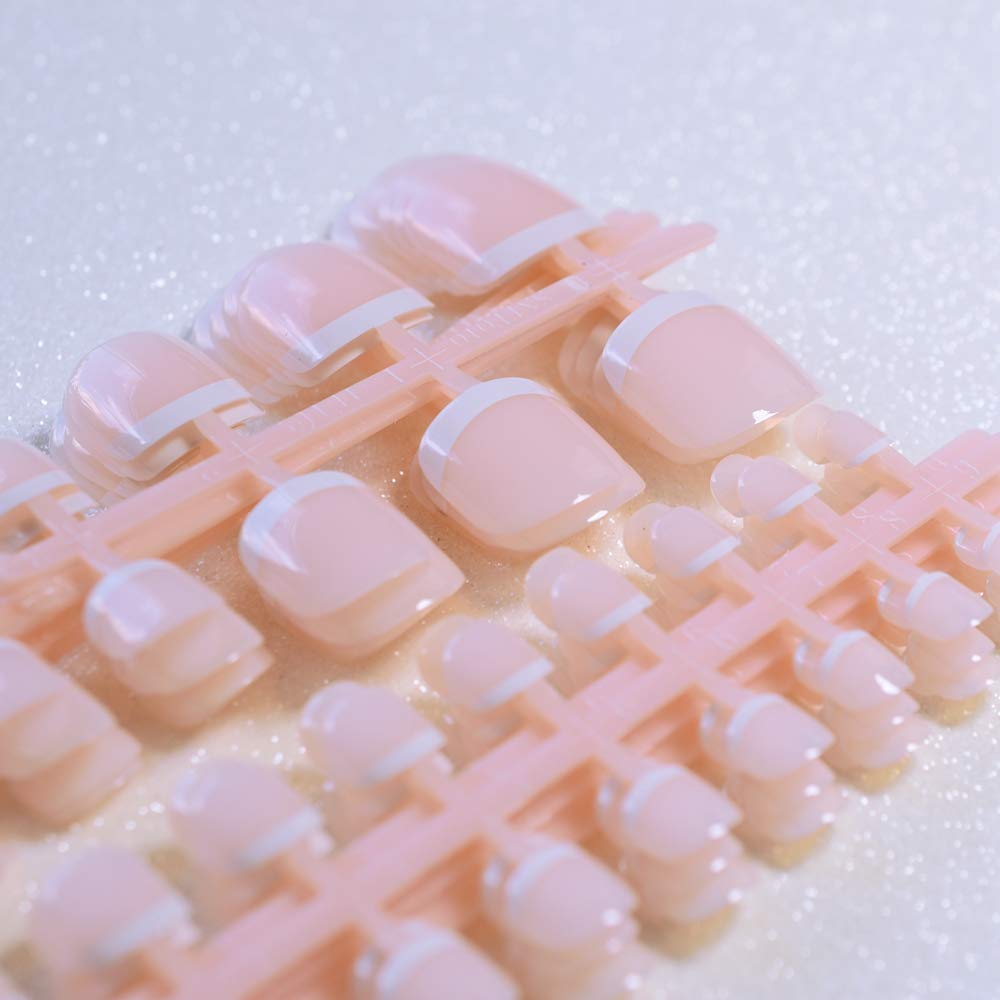 10 Pairs Short French Fake Nails for Toes - Nude & White Fade Design, Toe Nail Tips in OPP Bags - Perfect for Pedicures, Summer Sandals & Beach Vacations