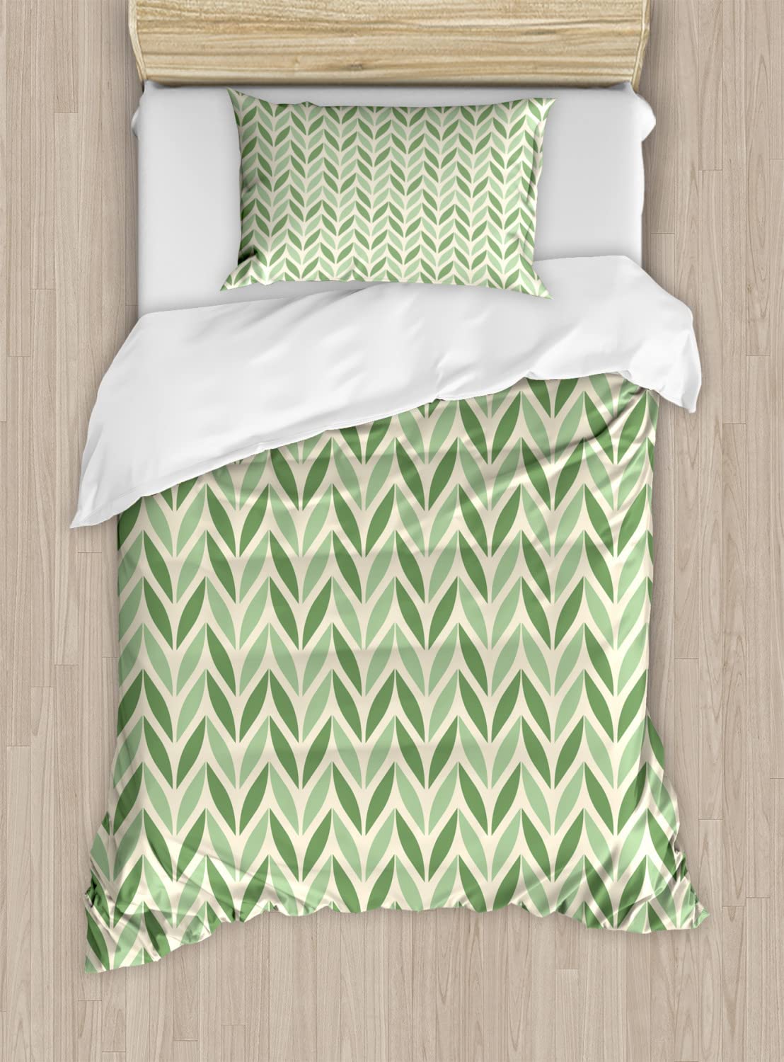 Ambesonne Retro Duvet Cover Set - Vibrant Diagonal Symmetric Green Spring Leaves Gardening Theme, 2-Piece Twin Size Bedding Set with 2 Duvet Covers & 2 Pillowcases in Pale Green - Perfect for Spring Bedroom Decor & Nature-Inspired Home Styling