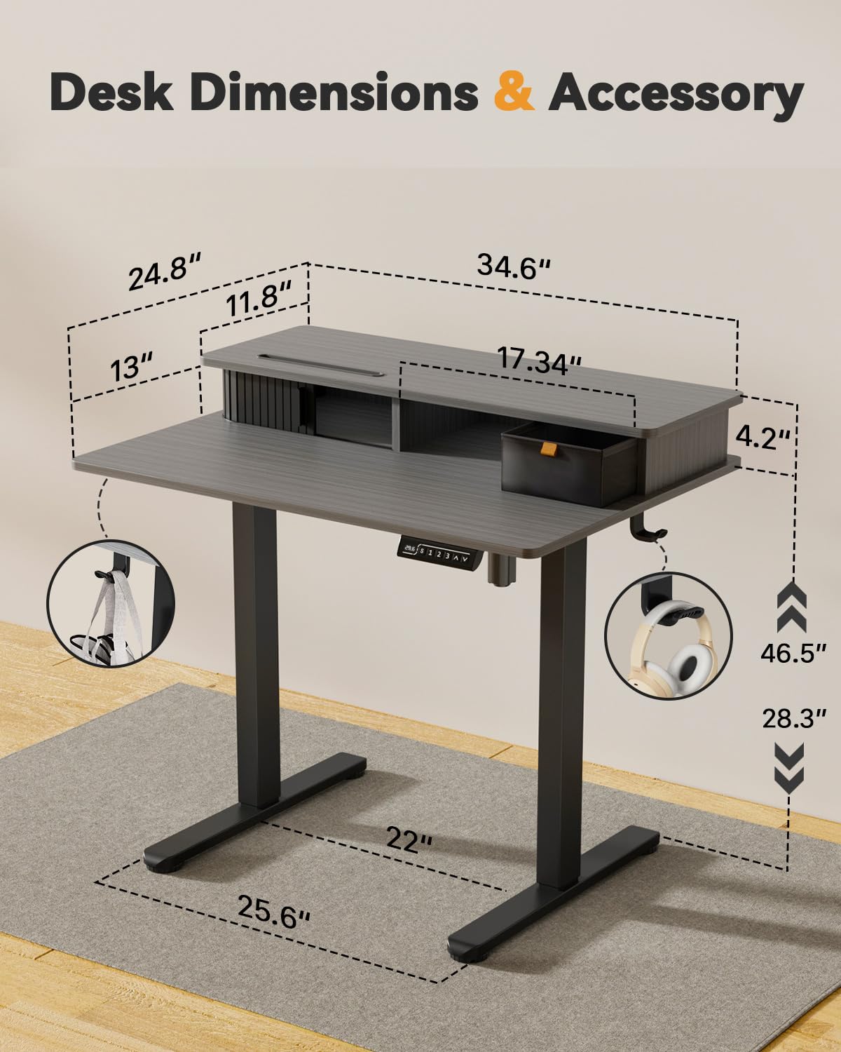 JOY Worker 35 x 25 Inch Electric Standing Desk - Height Adjustable Home Office Desk with Built-in Monitor Stand, Storage Drawer & 2 Hooks (Grey) | Perfect for Remote Work, Gaming Setup & Small Workspaces