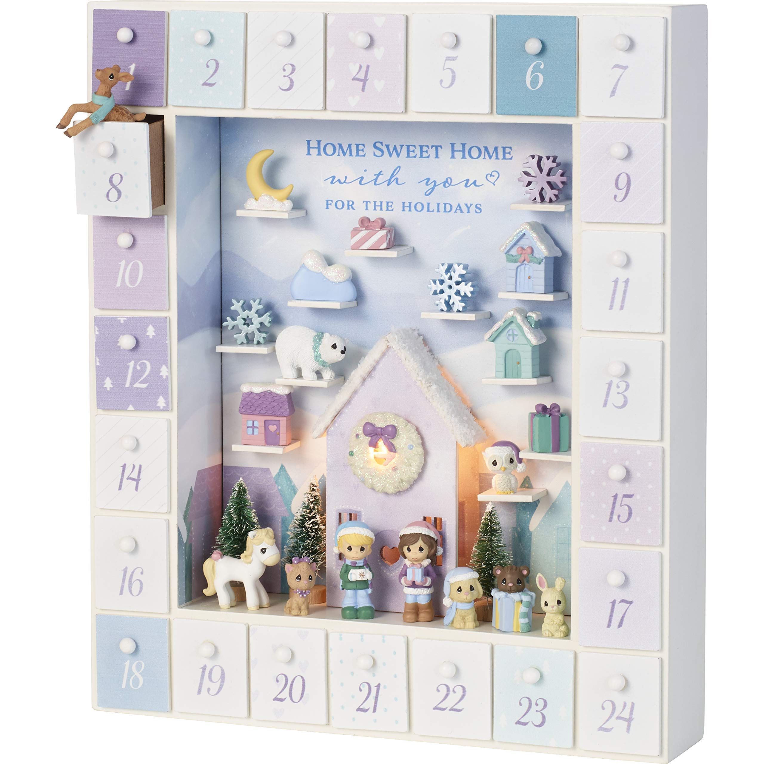Precious Moments 201407 Winter Moments LED Wood & Resin Advent Calendar - Holiday Countdown Decor for Christmas, Home, Office & Gift Giving - One Size, Multicolor