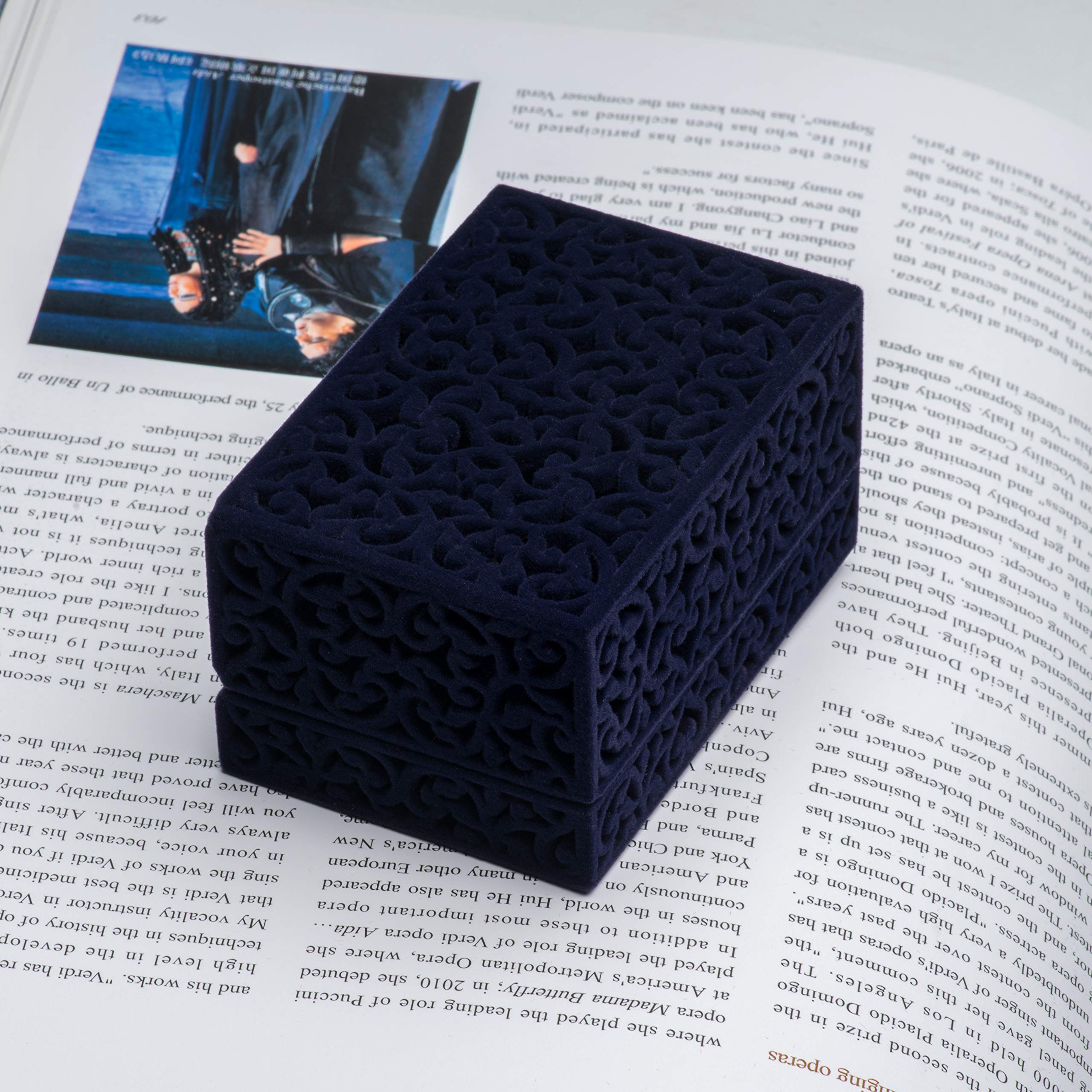 Luxury Hollow Velvet Ring Box - Double Ring Bearer Jewelry Case for Engagement, Wedding & Proposal - Premium Velvet Jewelry Gift Box (Dark Blue) | Perfect for Wedding Proposals, Anniversary Gifts & Ring Storage