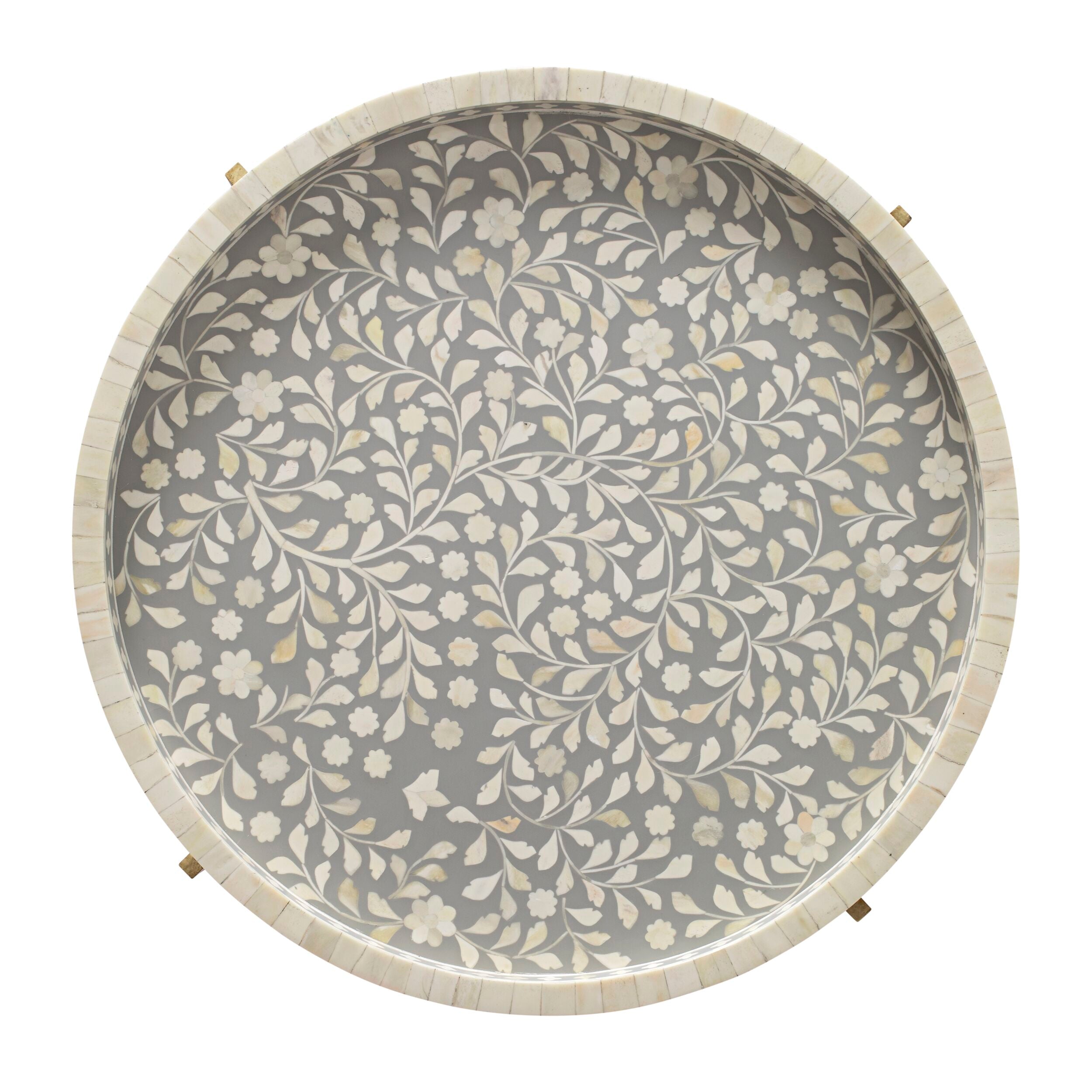Elegant Bone Inlay Round Coffee Table with Gold Frame - 30 Inch Grey Modern Center Table for Living Room, Lounge & Office Decor