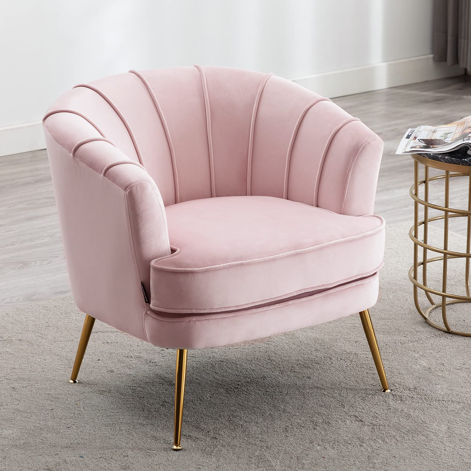 Velvet Barrel Chair with Golden Legs - Pink Tufted Accent Armchair for Living Room & Bedroom Decor
