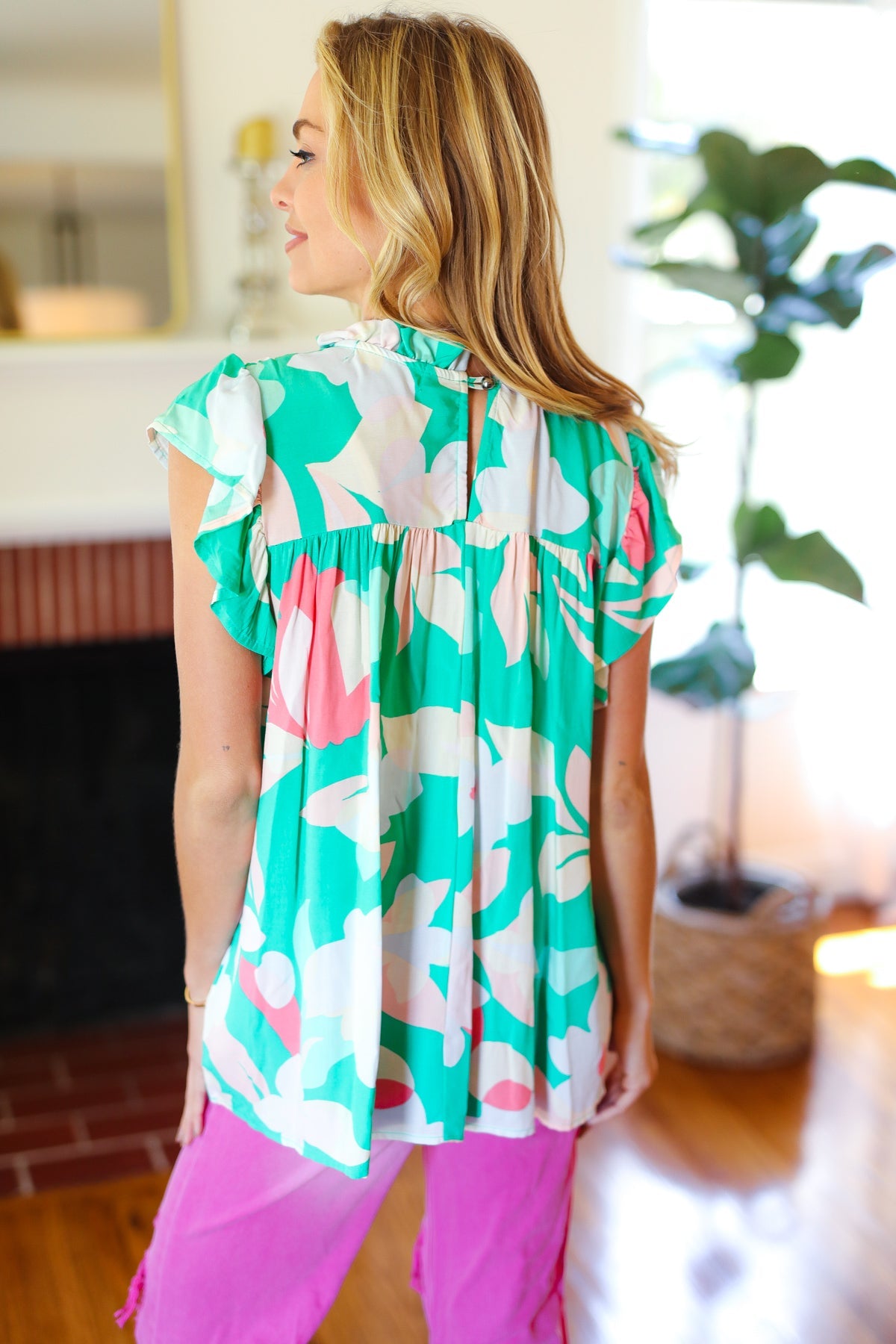 Joyful Aqua Floral Mock Neck Flutter Sleeve Top - Women's Elegant Blouse for Spring Summer Outfits, Date Night & Office Wear