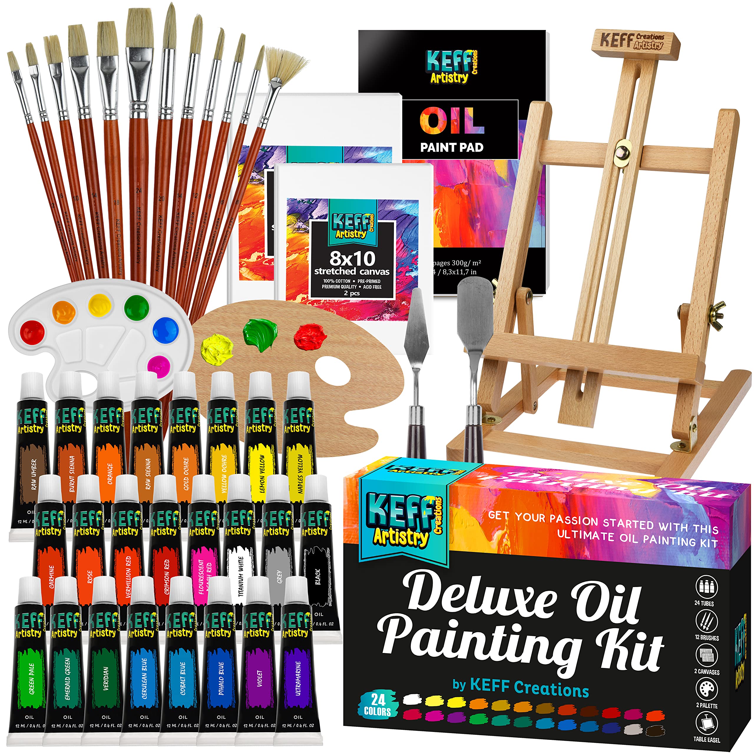 Premium KEFF Oil Painting Kit - 24 Vibrant Oil Paints, Stretched Canvas, Wooden Easel, Brushes & Palette Knives Set for Artists & Beginners | Perfect for Home Studio, Classroom & DIY Art Projects