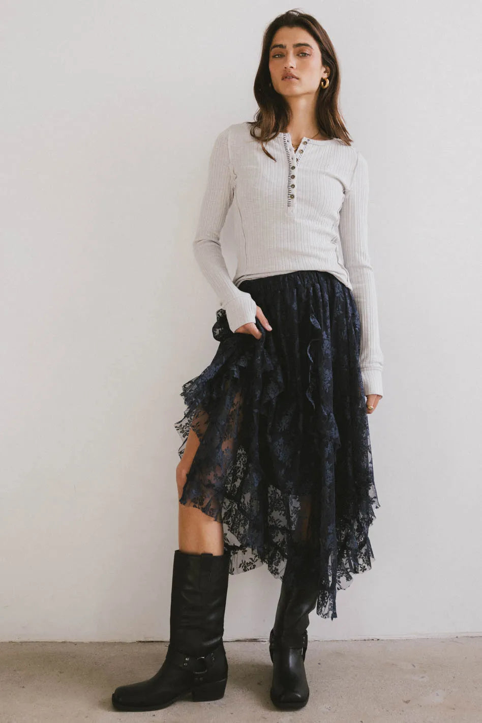 Elsie Navy Blue Lace Midi Skirt for Women | Elegant Floral Design | Perfect for Weddings, Parties & Office Wear | FINAL SALE