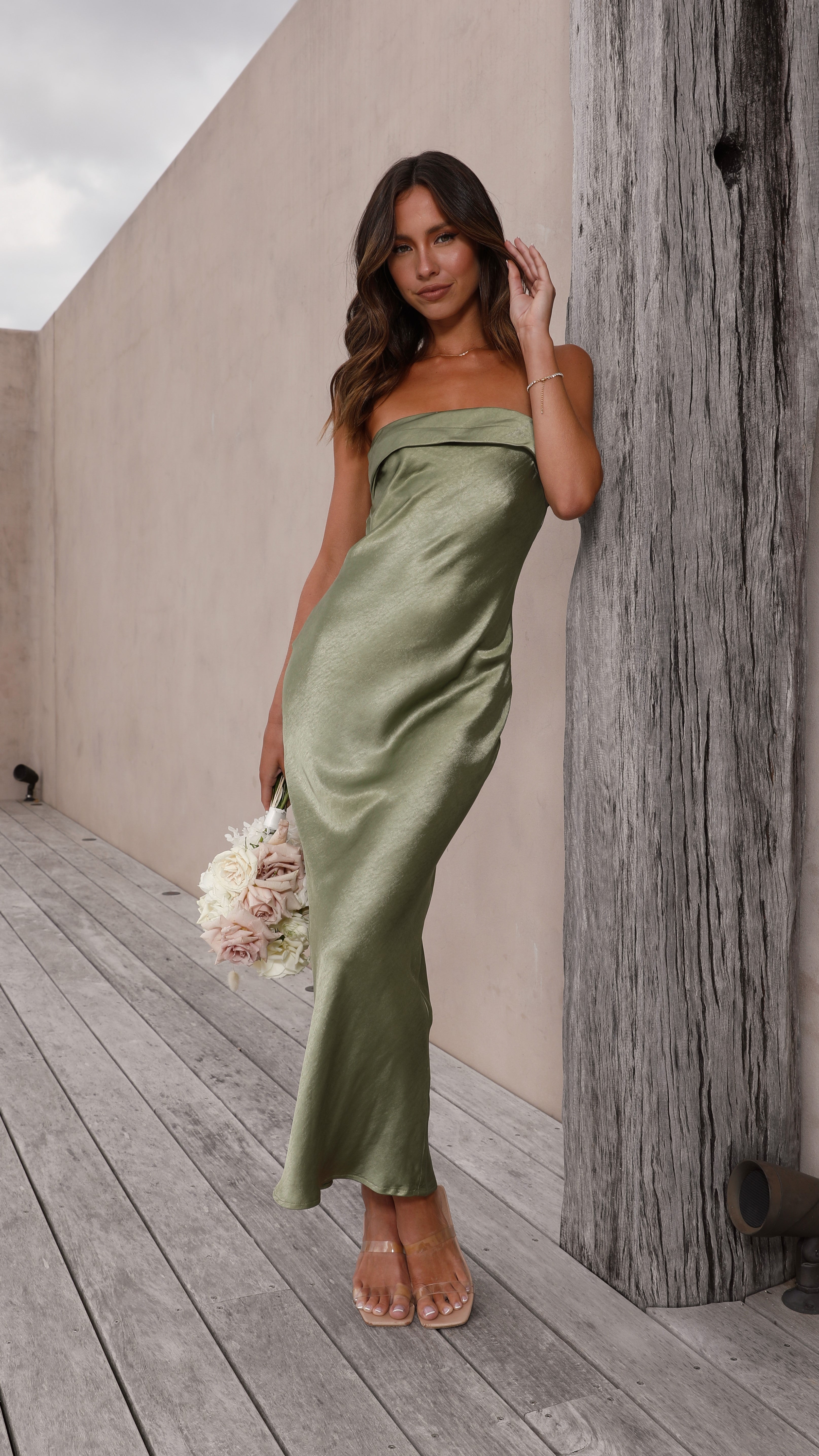 Gisele Maxi Dress for Women - Olive Green Flowy Long Dress with Side Slits, Summer Beach Wedding Party Wear - Perfect for Vacations, Date Nights & Outdoor Events