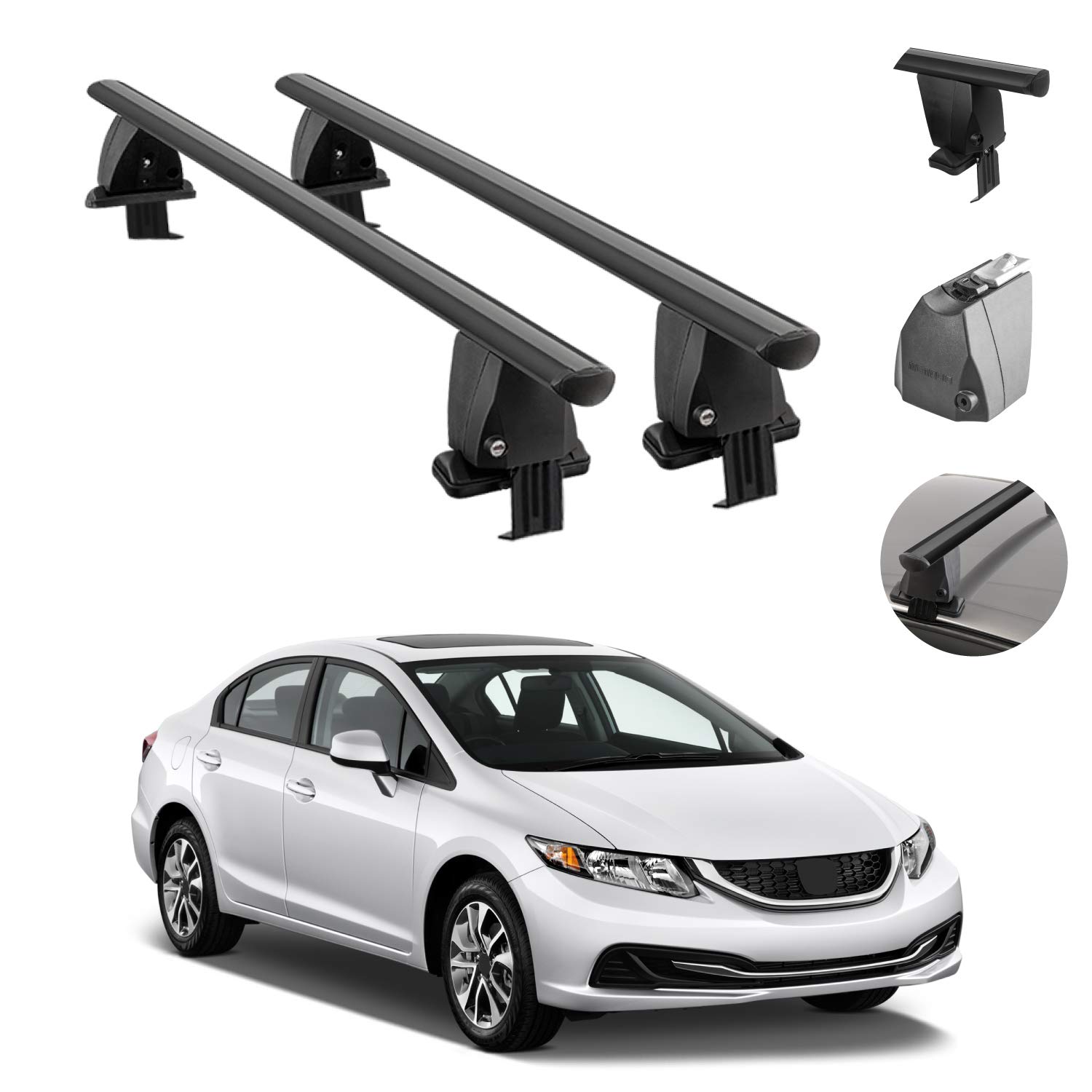 Lockable Roof Rack Cross Bars for Honda Civic Sedan 2012-2015 | Black Aluminum Luggage Carrier | Smooth Rooftop Cargo Bars | Perfect for Road Trips, Camping & Outdoor Adventures | Automotive Exterior Accessories