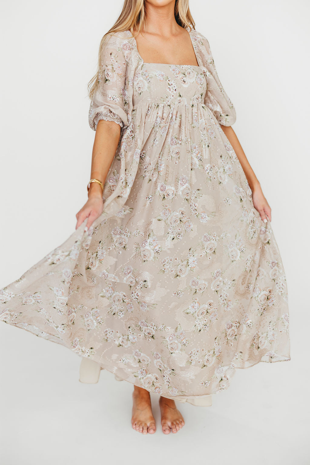 Elegant Mona Maxi Dress in Beige & Brown Floral Print - Women's Boho Summer Dress for Beach, Vacation & Casual Wear | Restocking August