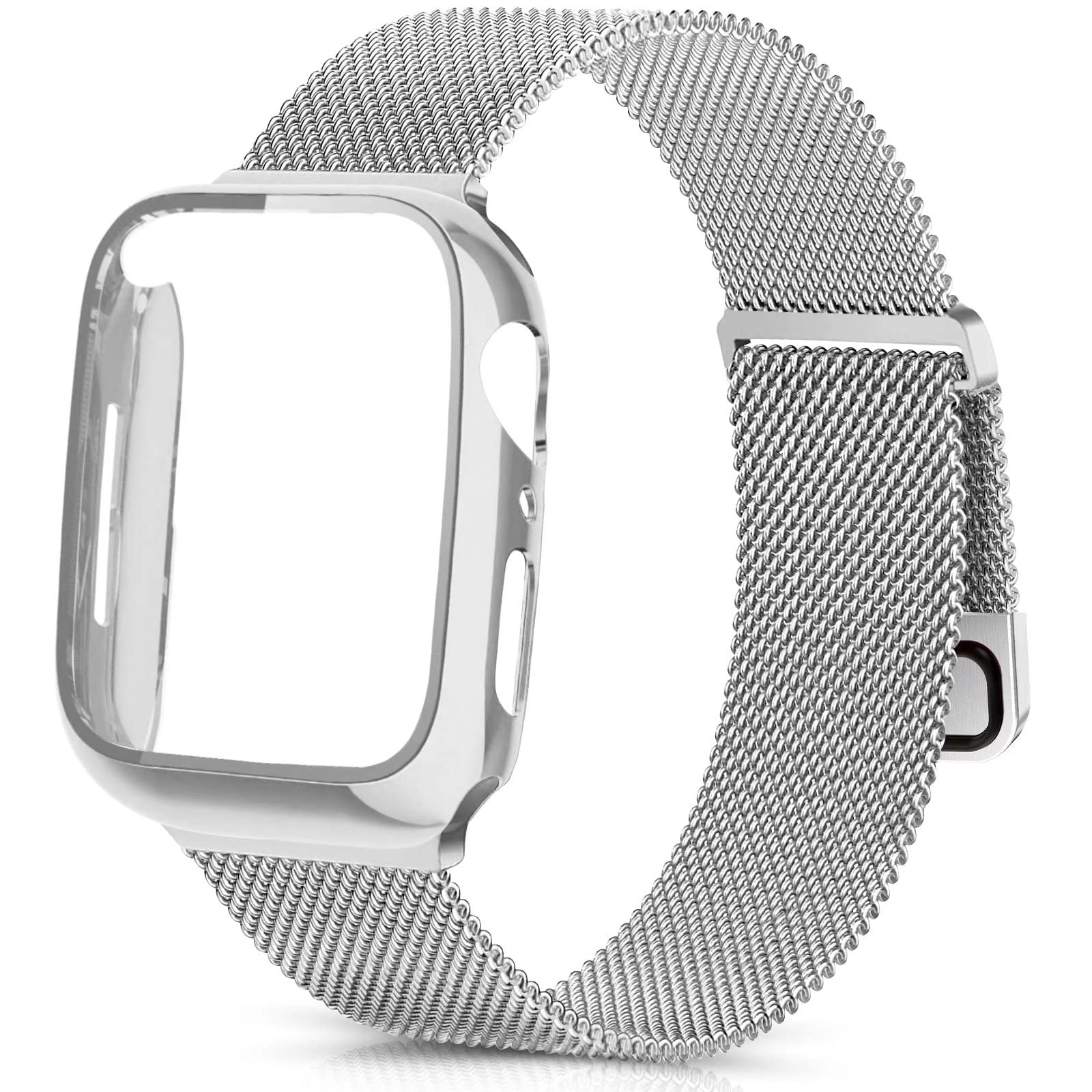 Premium Stainless Steel Metal Band for Apple Watch Series 1/2/3/4/5/6/7/SE (38/40/41/42/44/45mm) with Tempered Glass Screen Protector & Hard PC Case - Magnetic Clasp Design for Men & Women - Perfect for Workouts, Office Wear & Everyday Fashion