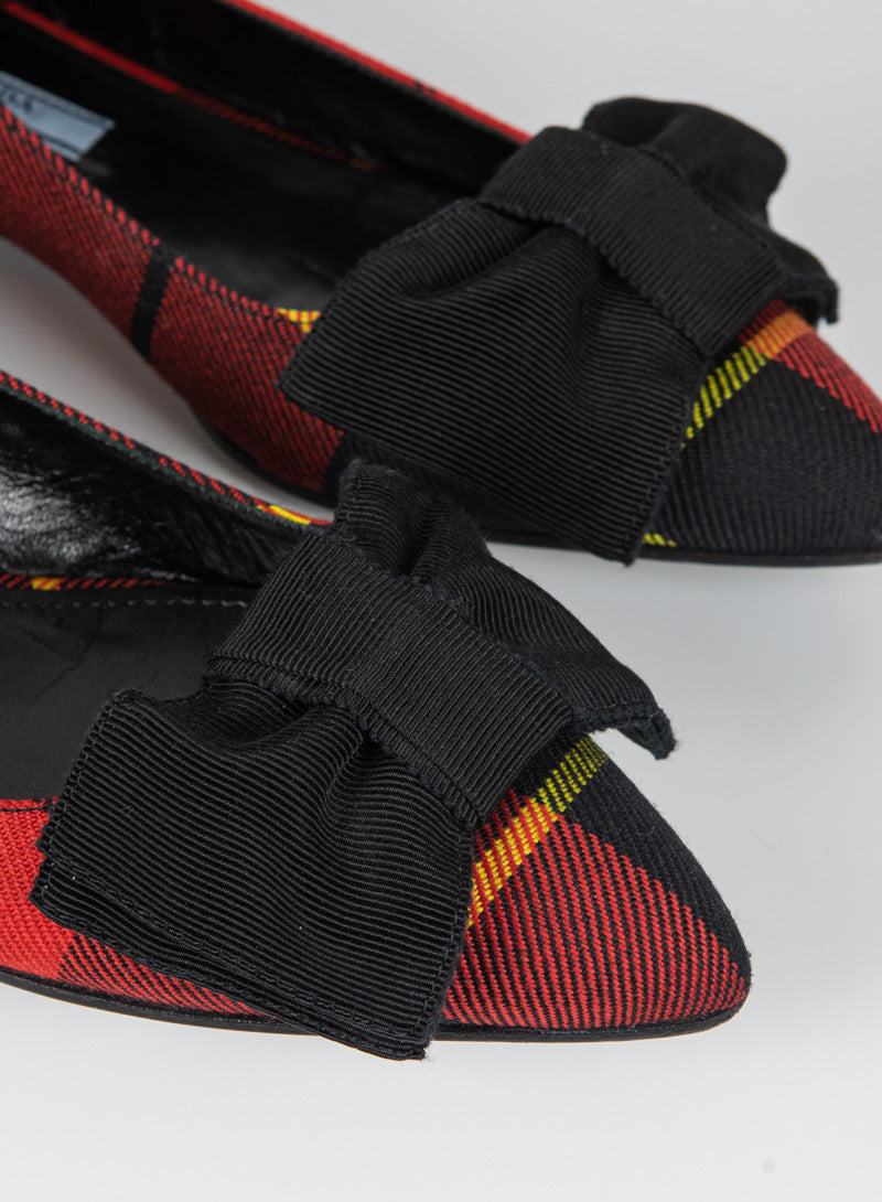 Prada Ballerine Flats in Red Tartan with Bow - Size 36.5 | Elegant Women's Loafers for Office, Parties & Casual Wear