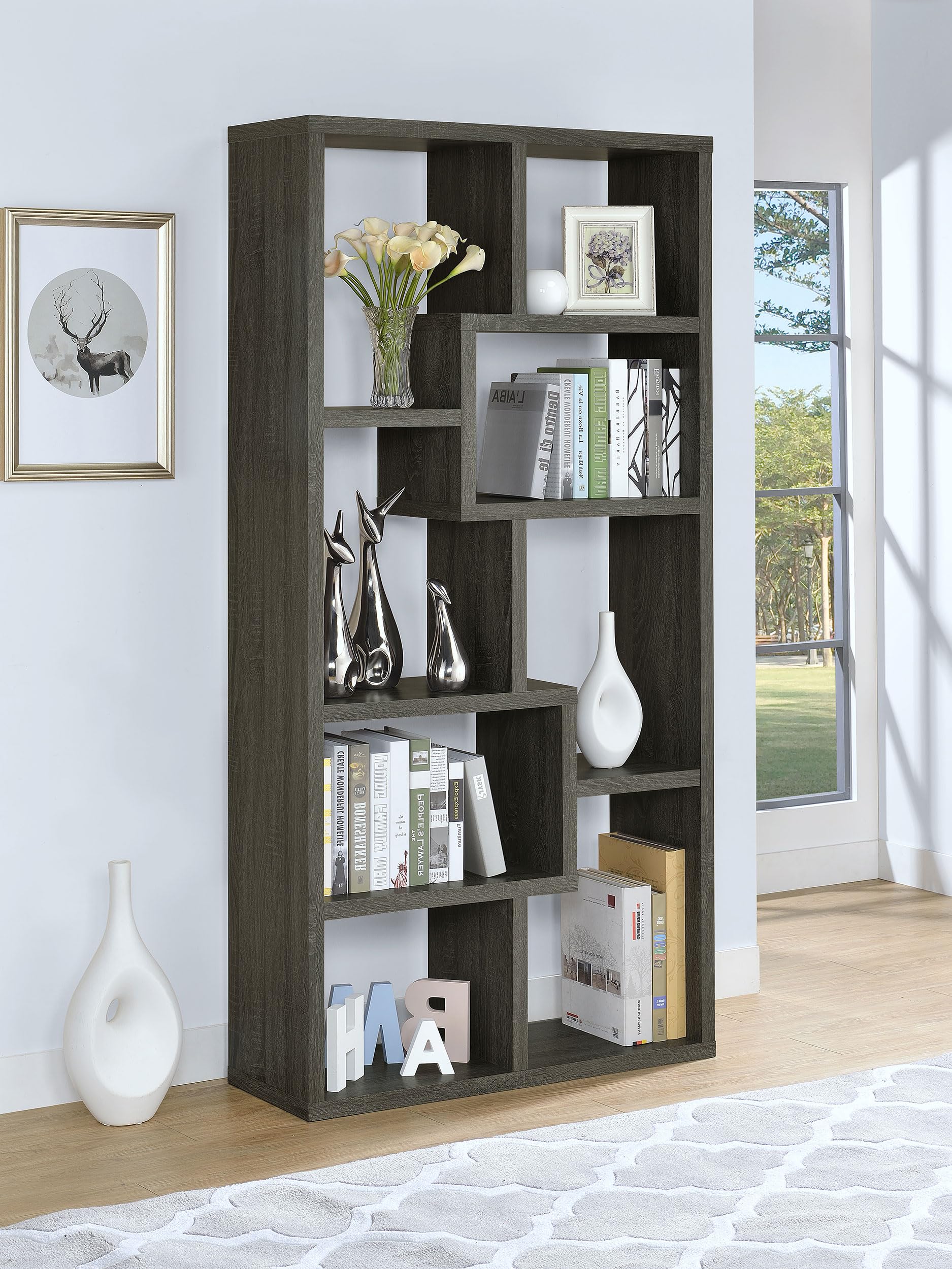 Coaster FINE Furniture 5-Tier Rectangular Bookcase - Weathered Grey Finish, Modern Bookshelf for Living Room, Office & Bedroom Storage & Organization