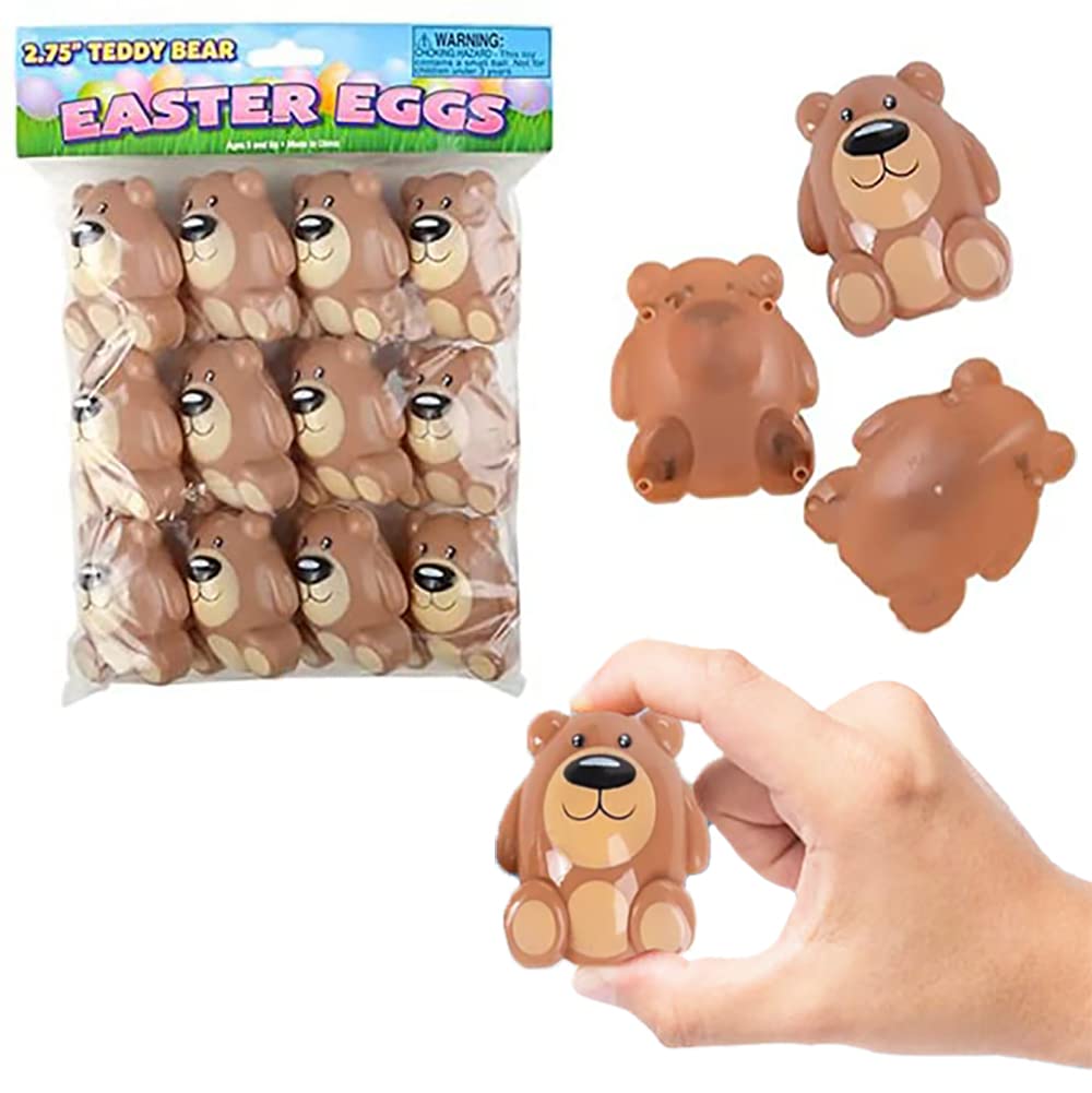 Dreidel Company Fillable Plastic Easter Eggs with Teddy Bear Design - 12-Pack (2.75
