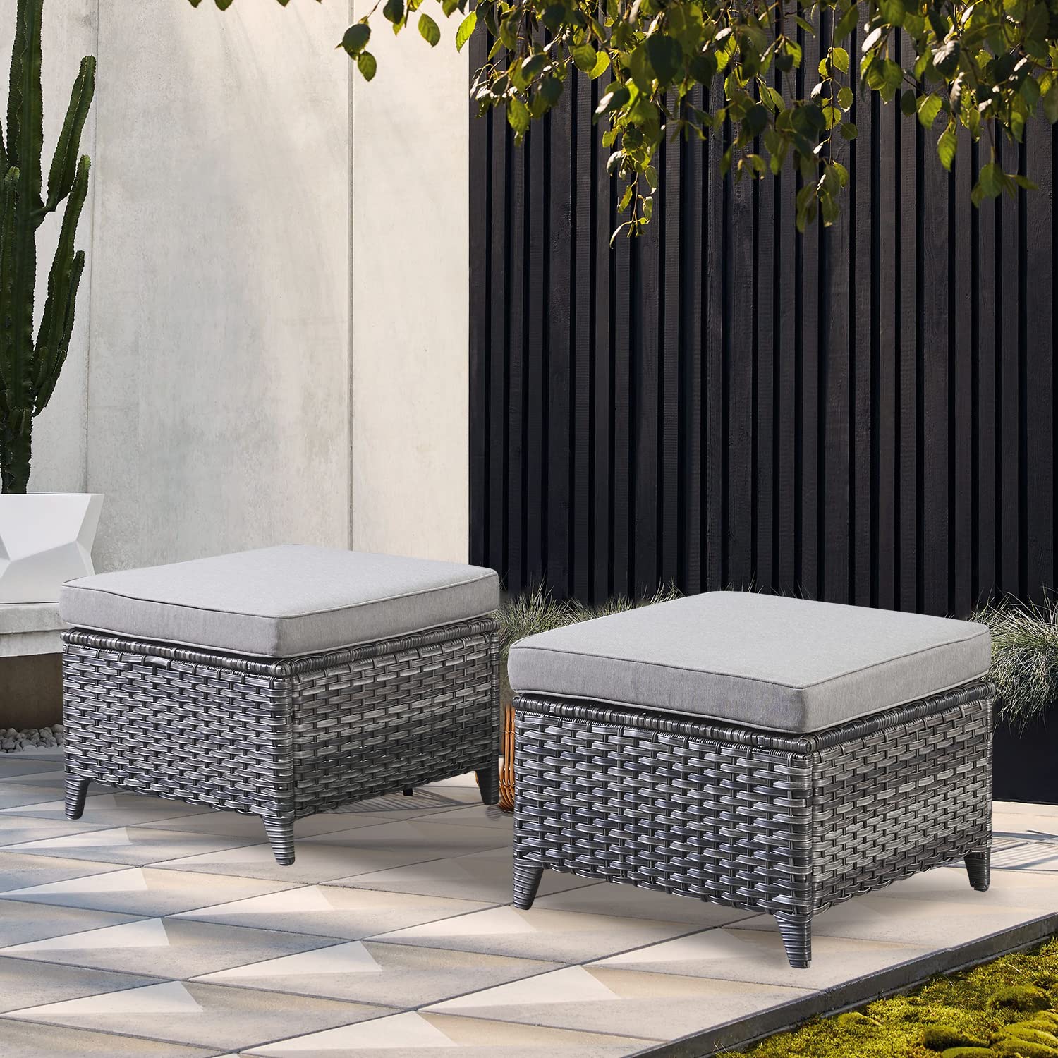 All-Weather Outdoor Patio Ottoman Set of 2 - Wicker Rattan Footstool with Soft Cushions for Garden, Deck & Poolside Relaxation