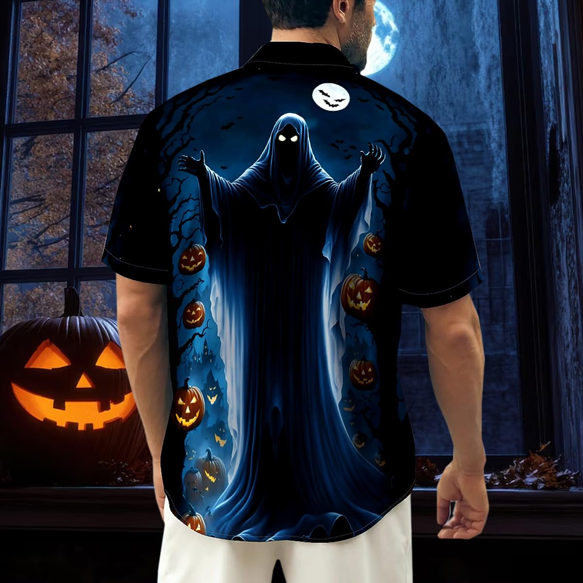 Funny Halloween Shirts for Men - Spooky Pumpkin Ghost Spider Monster Costume Short Sleeve Button Down Shirt | Perfect for Halloween Parties, Costume Contests & Trick or Treating