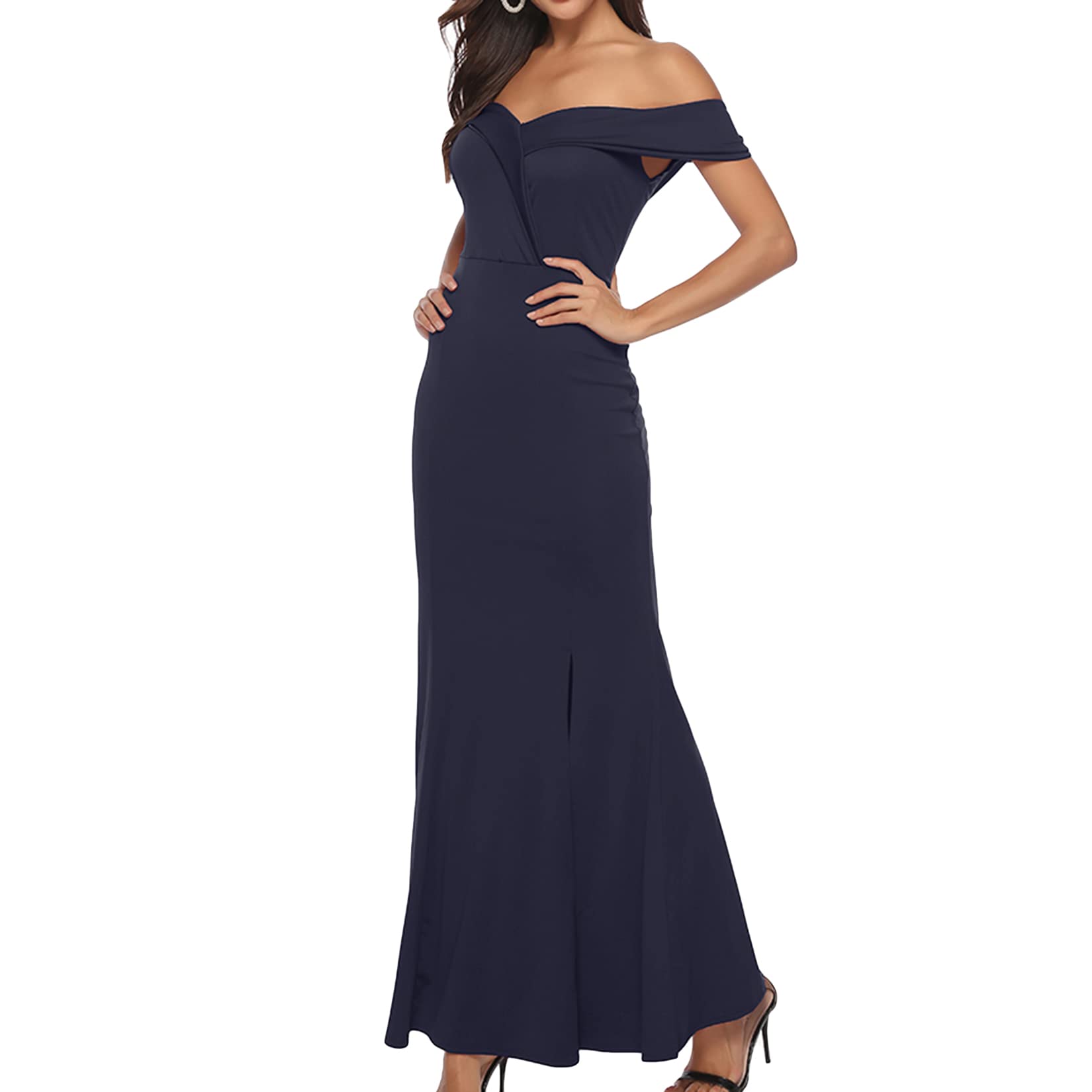 Elegant Women's Formal Dress - Sexy Off Shoulder Evening Gown with Deep V Neck & High Slit for Wedding Guest, Prom, Cocktail Party & Special Occasions
