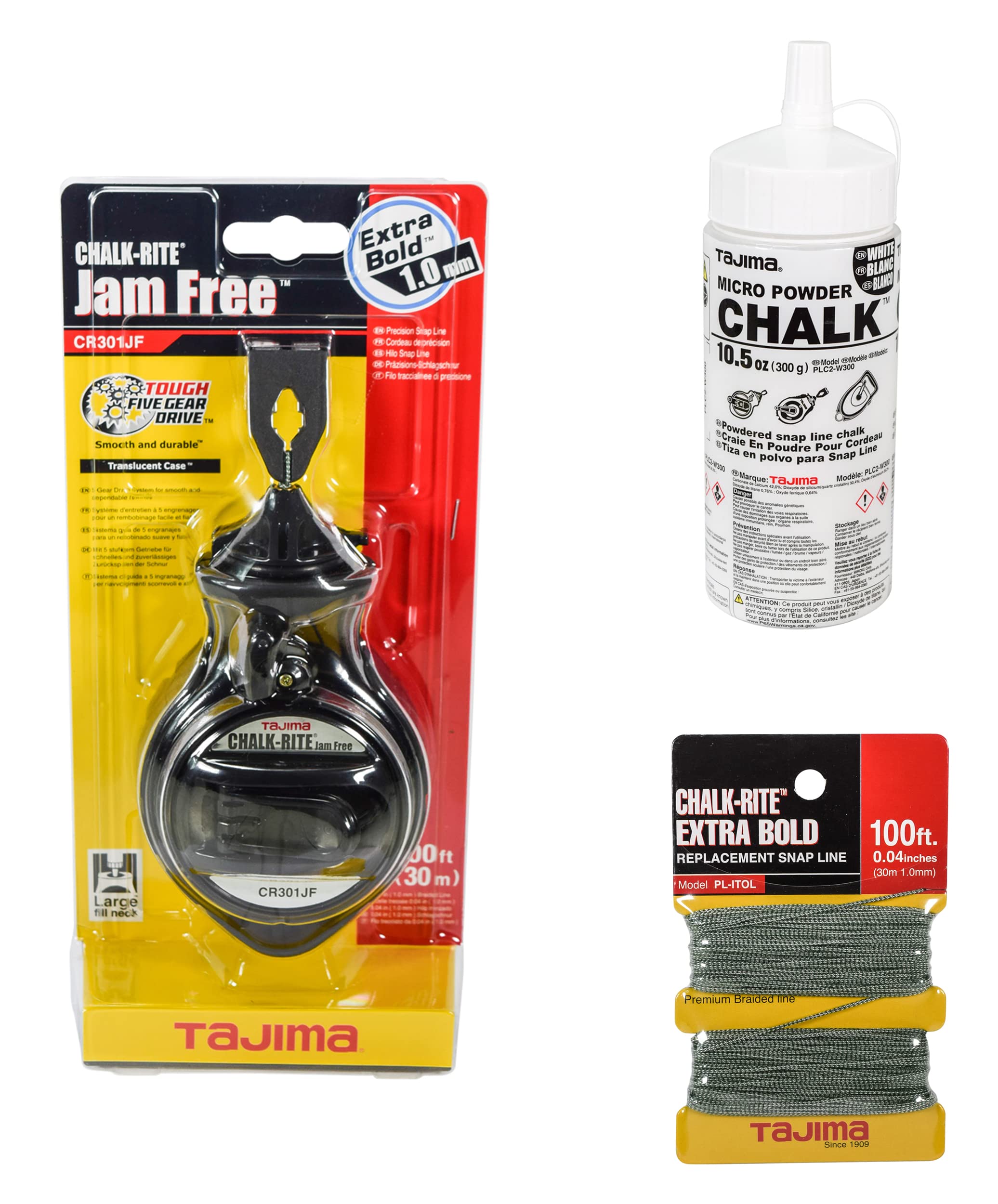 Tajima Chalk-Rite Jam Free 1mm Snap Line with Extra Bold Braided Replacement Line & 10.5oz Ultra-Fine White Chalk Powder - Professional Chalk Line Tool for Construction, Masonry, Carpentry, and DIY Home Projects