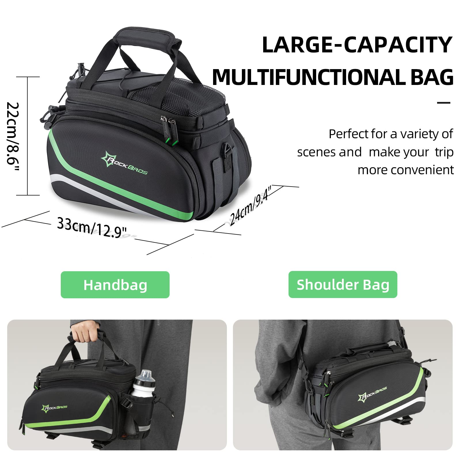 ROCKBROS Waterproof Bike Panniers - Rear Bicycle Rack Bag for Commuting, Touring & Travel - Durable Cargo Carrier with Reflective Strips (Green) - Perfect for Daily Commute, Camping Trips & Grocery Shopping