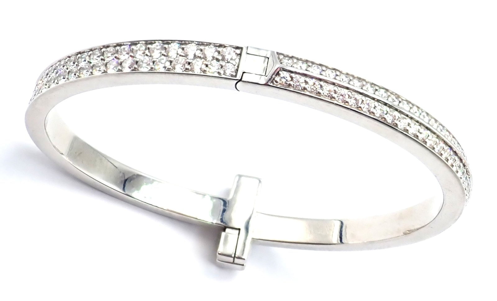 Authentic Tiffany & Co 18k White Gold Diamond T1 Wide Hinged Bangle Bracelet - Luxury Jewelry for Women, Perfect for Weddings, Anniversaries & Special Occasions