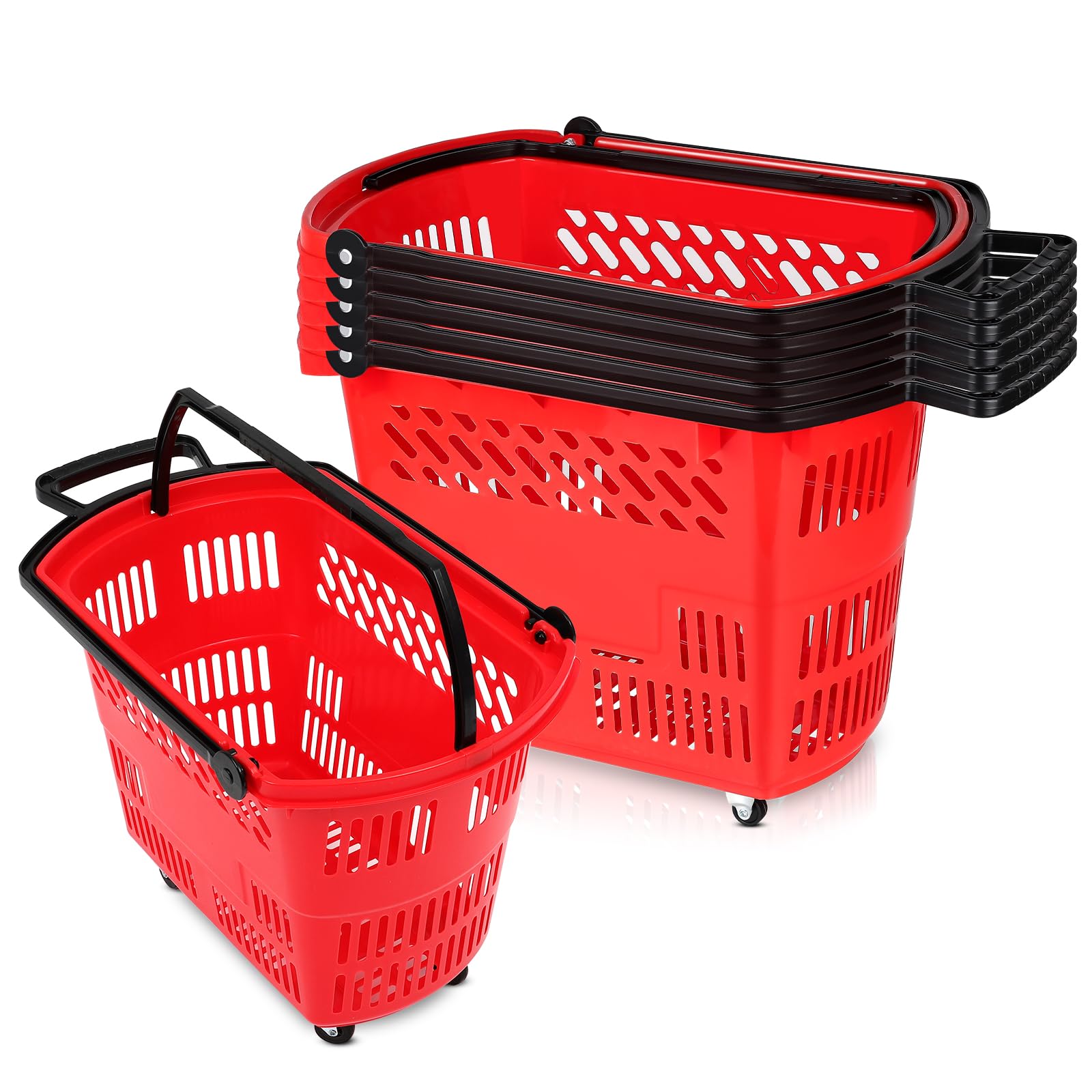 FAHKNS 6-Pack 35L Red Shopping Carts with Wheels - Portable Grocery Baskets with Handles for Supermarket, Retail Store & Laundry | Ideal for Shopping, Home Organization & Storage Solutions