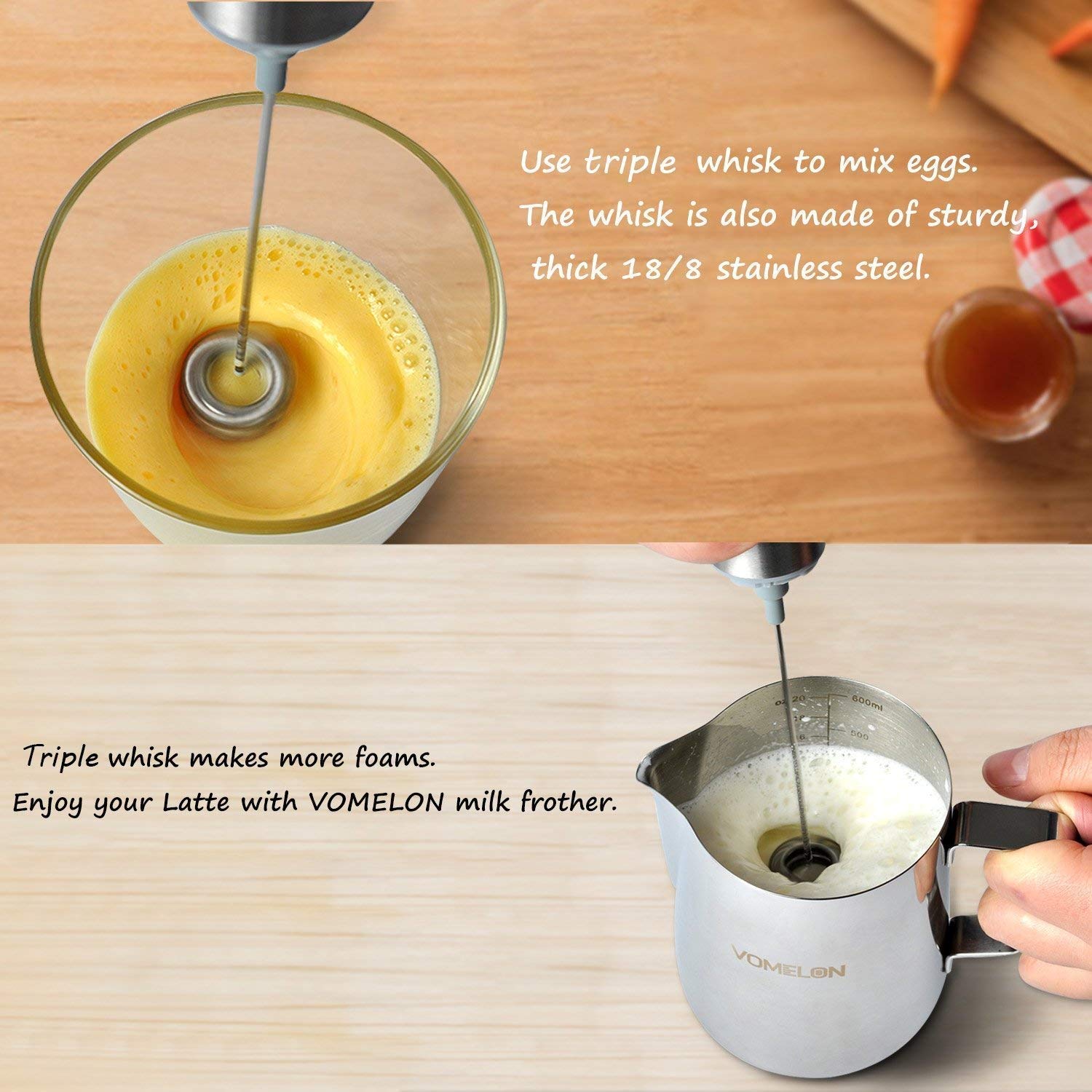 Handheld Milk Frother - Battery Operated Travel Coffee Frother with 2 Stainless Steel Whisks for Lattes, Hot Chocolate & Cappuccino - Perfect for Home, Office & Travel (Silver, Batteries Included)