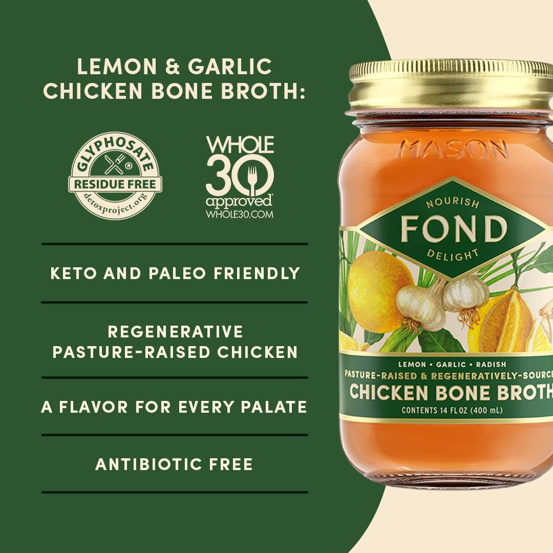 Organic Lemon & Garlic Infused FOND Pasture-Raised Regenerative Chicken Bone Broth - Keto, Paleo & Gut Health Support for Soups, Stews & Wellness Drinks