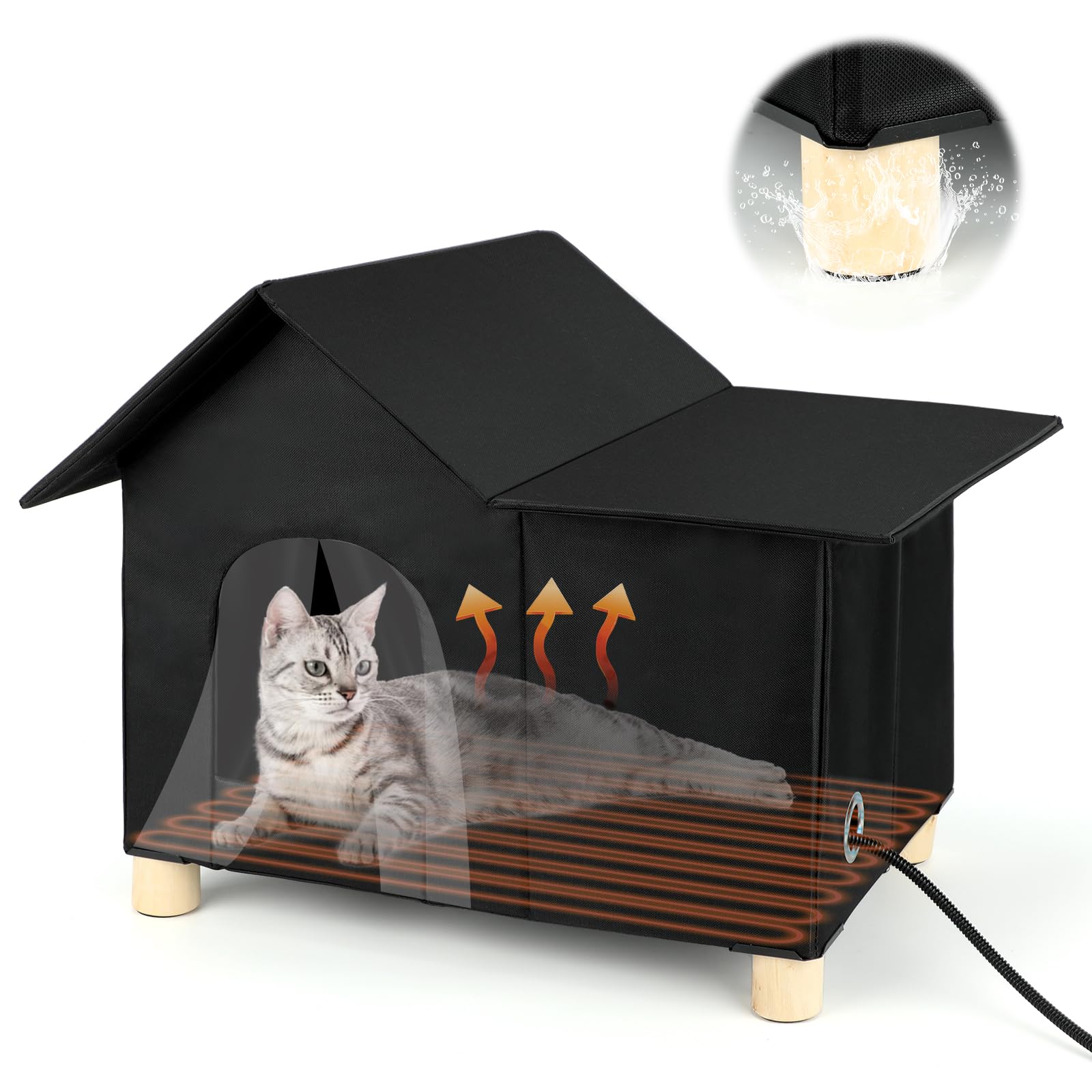 Outdoor Heated Cat House for Winter - Weatherproof Elevated Cat Shelter with Pet Heating Pad, Large Insulated Feral Cat Home for Multiple Cats (19.5