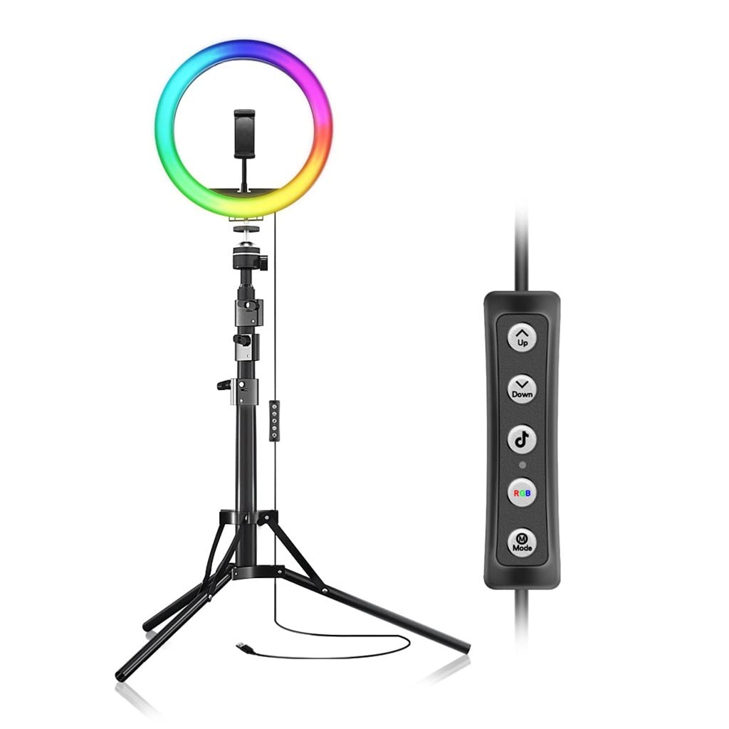 RGB Ring Light with Tripod Stand & 2 Phone Holders - 49 Color Modes, 10 Brightness Levels, Music Sync for TikTok, YouTube, Live Streaming & Photography - Perfect for Content Creation, Vlogging, and Professional Studio Lighting