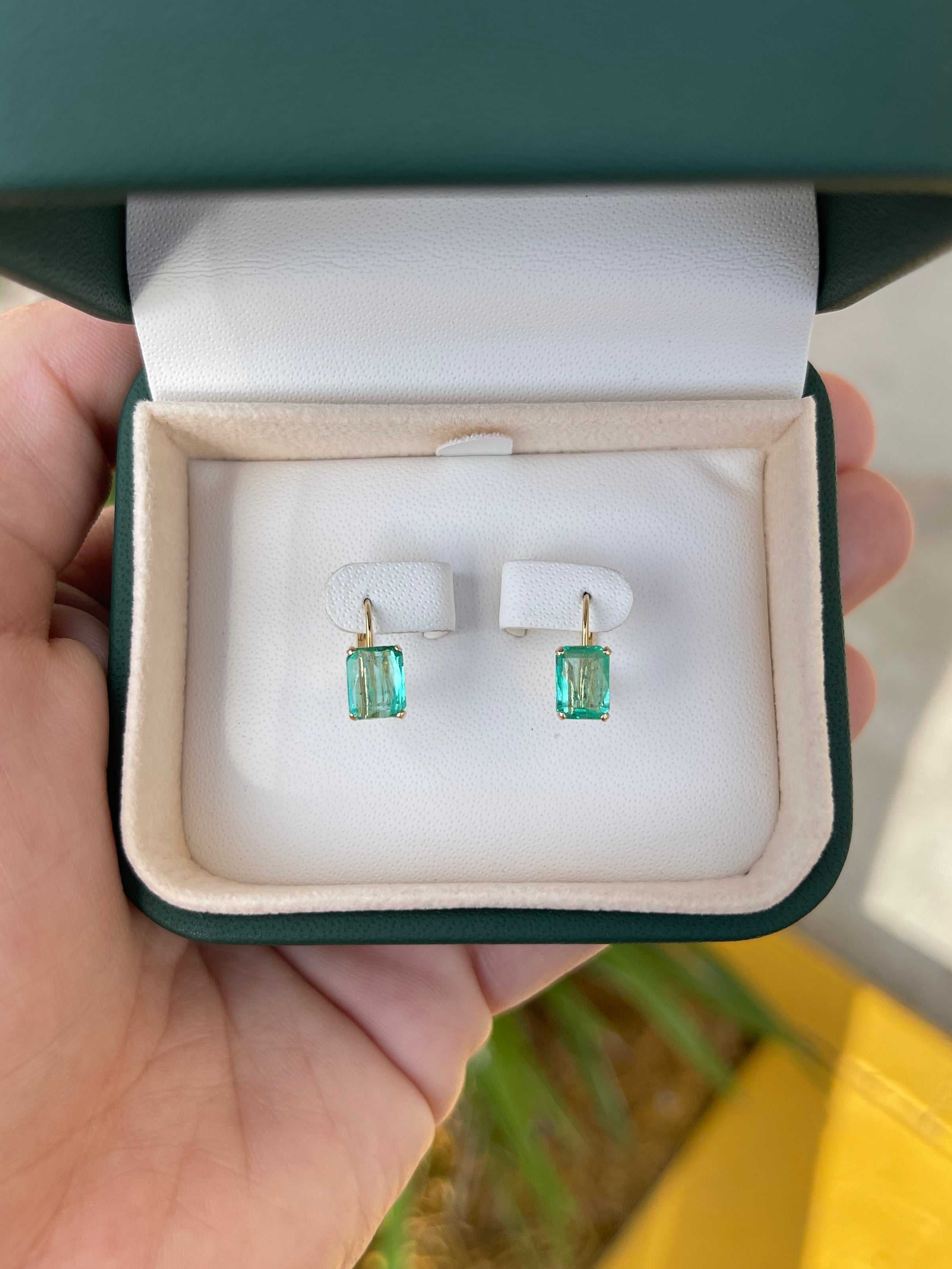 2.41tcw Genuine Colombian Emerald Cut Leverback Earrings in 14K Gold - Elegant Jewelry for Weddings, Parties & Special Occasions