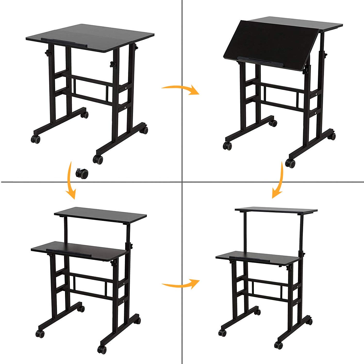 Adjustable Mobile Standing Desk on Wheels - Black 101-BK for Home & Office