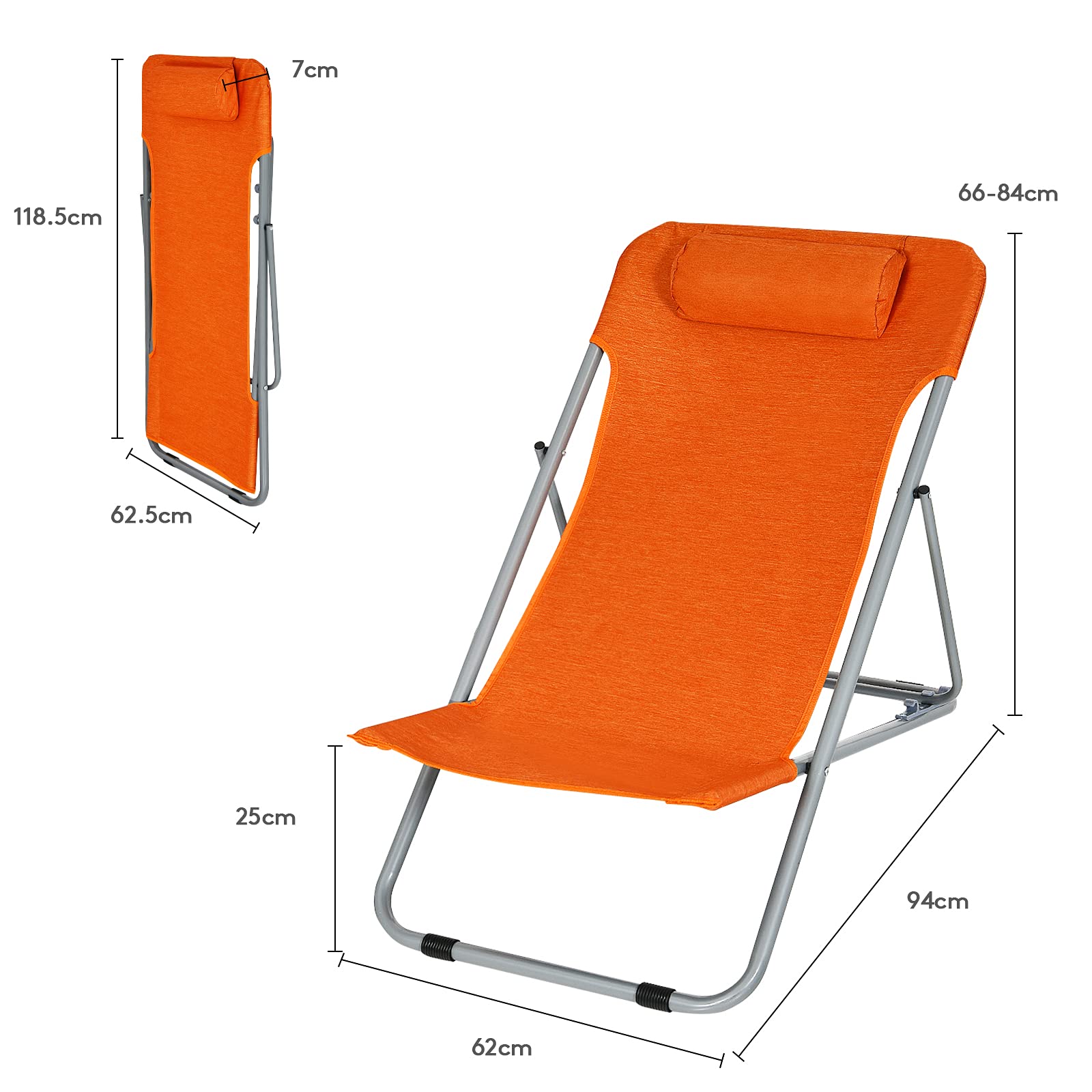 GYMAX 2-Pack Adjustable Beach Chairs for Adults - Portable Folding Lounge Chairs with 3-Level Reclining Backrest & Removable Pillow - Perfect for Beach, Camping, Poolside, Fishing, Backyard & Outdoor Relaxation (Orange)