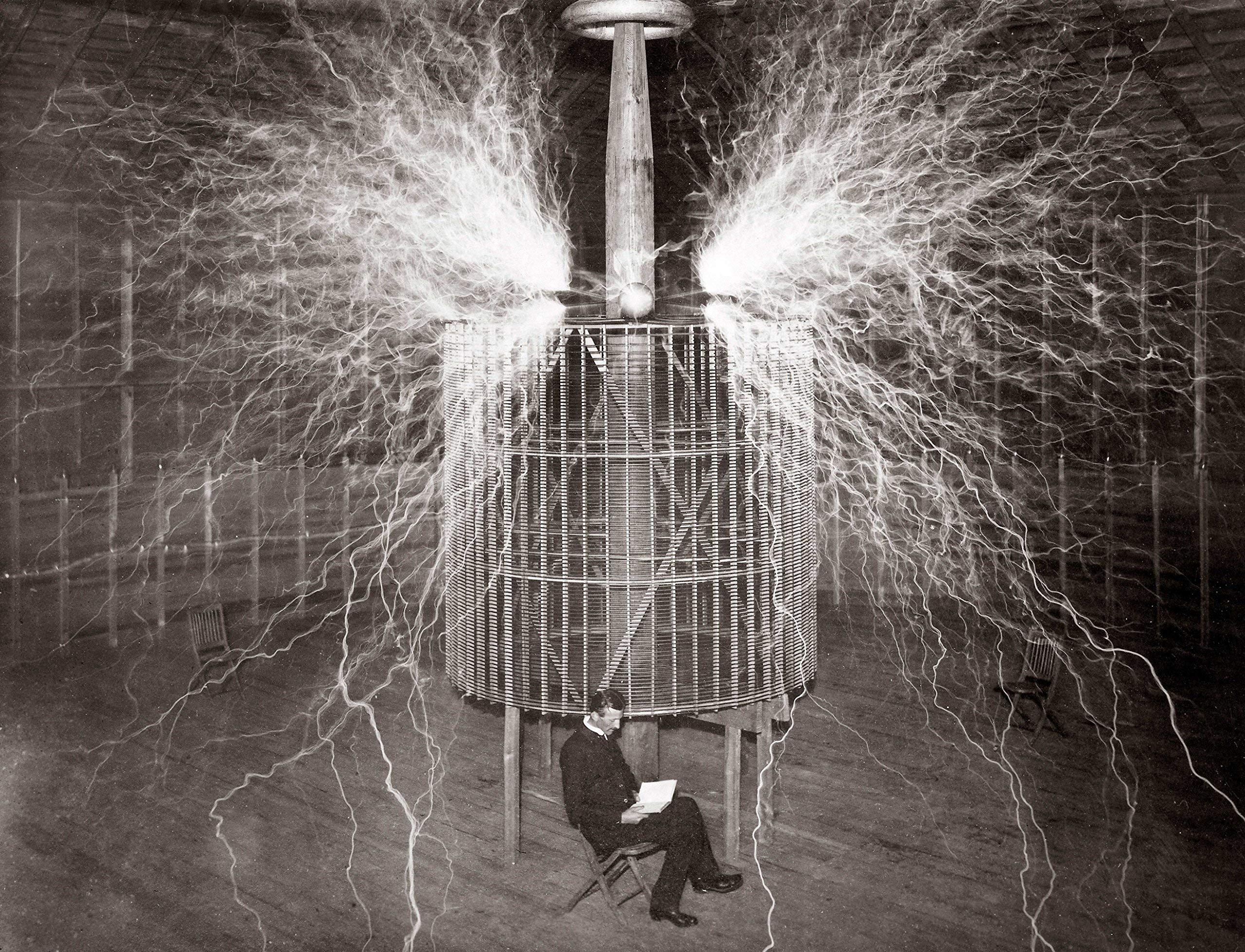 Nikola Tesla Lab Poster - 20x30 Inch Laminated Electricity & Light Bulb Wall Art - Vibrant Colors, Durable Print - Perfect for Home Office, Classroom Decor or Science Enthusiast Gift