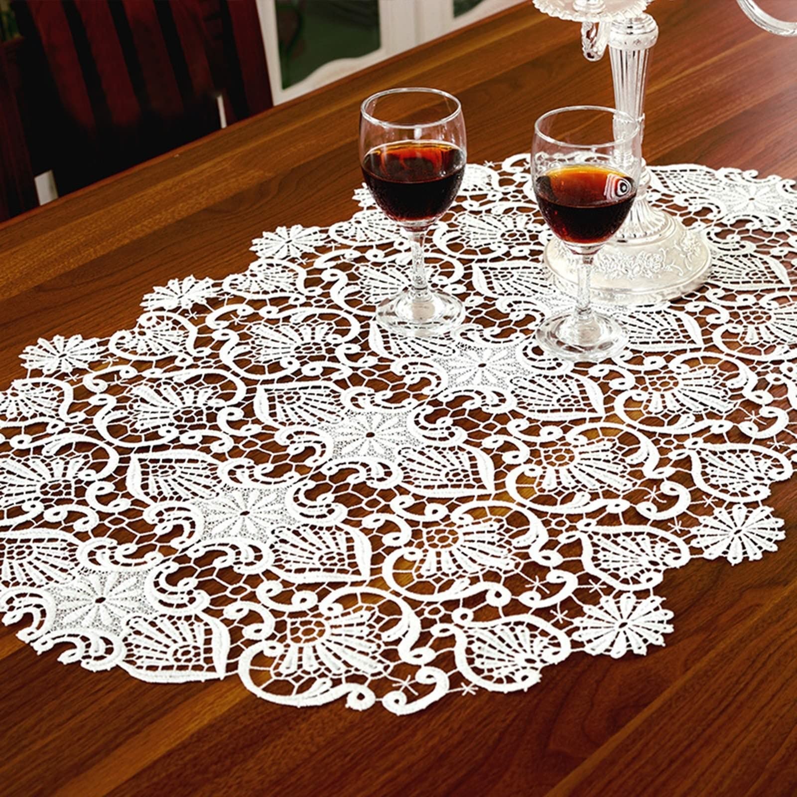 Elegant White Lace Holiday Table Runner - 50x280cm Hollow Embroidery Polyester Coffee Table Decor for Christmas, Weddings & Home Dining Decorations | Perfect for Festive Gatherings & Seasonal Tablescapes