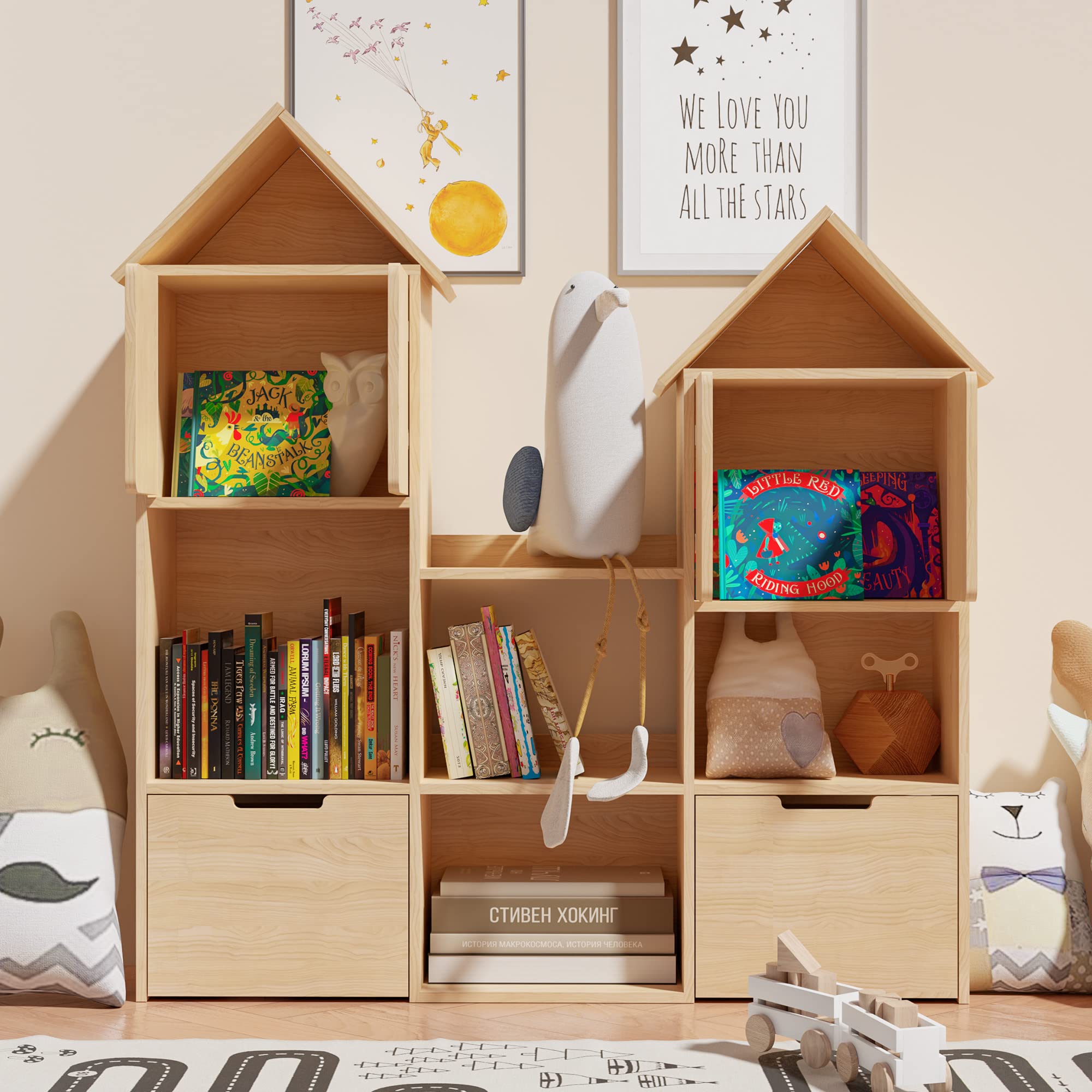 Cozy Castle Wooden Kids Bookshelf with Toy Storage Box & Wheels - Sturdy Oak Bookcase Organizer for Playroom, Bedroom, Nursery | Perfect Gift for Toddlers Ages 3+ | Great for Storytime, Toy Organization & Room Decor