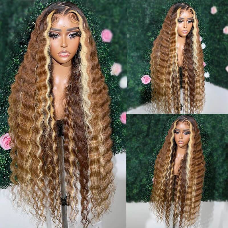Eullair Brown Blonde Highlight Crimped Wavy Human Hair Lace Front Wig with Skunk Stripe - Perfect for Cosplay, Halloween, Parties & Daily Fashion Styling