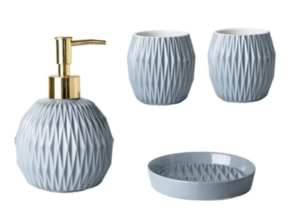 Nordic Soap Dispenser Set - 4 Piece Bathroom Accessories Kit with Soap Dispenser, 2 Cups & Soap Dish | Modern Bathroom Decor for Home, Kitchen & Guest Bathroom | Blue Color (4pcs) - Perfect for Spa-Like Bathroom Experience & Stylish Home Decor
