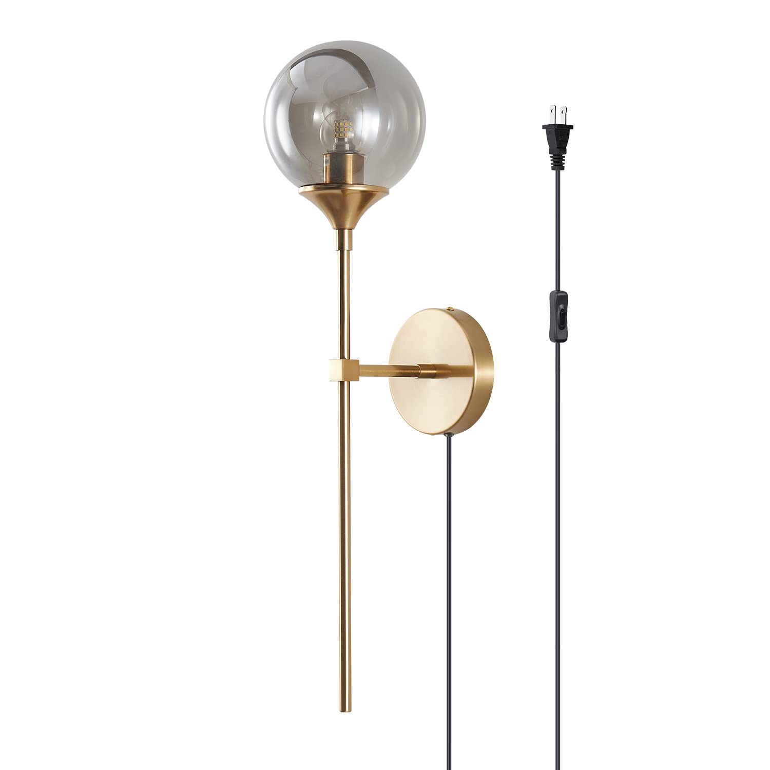 KCO Modern Plug-in Wall Sconce with On/Off Switch - Mid Century Industrial Gold Wall Lamp with Long Arm - Smoke Gray Glass Shade - Perfect for Bedroom, Bedside, Stairway & Hallway Lighting