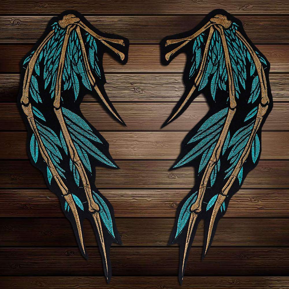1 Pair Green Silver 3D Feather Wing Iron-On Patches for Sweaters, Jackets & Clothes - DIY Applique Stickers for Wedding Costumes, Cosplay & Fashion Upgrades