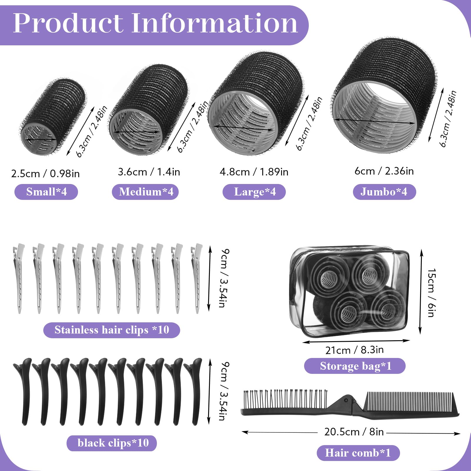 38 Pcs Self Grip Hair Rollers Set - 4 Sizes (25mm 36mm 48mm 60mm) with Clips & Storage Bag for Long, Short Hair & Bangs - Perfect for Home Salon, Party Styling & DIY Hair Care