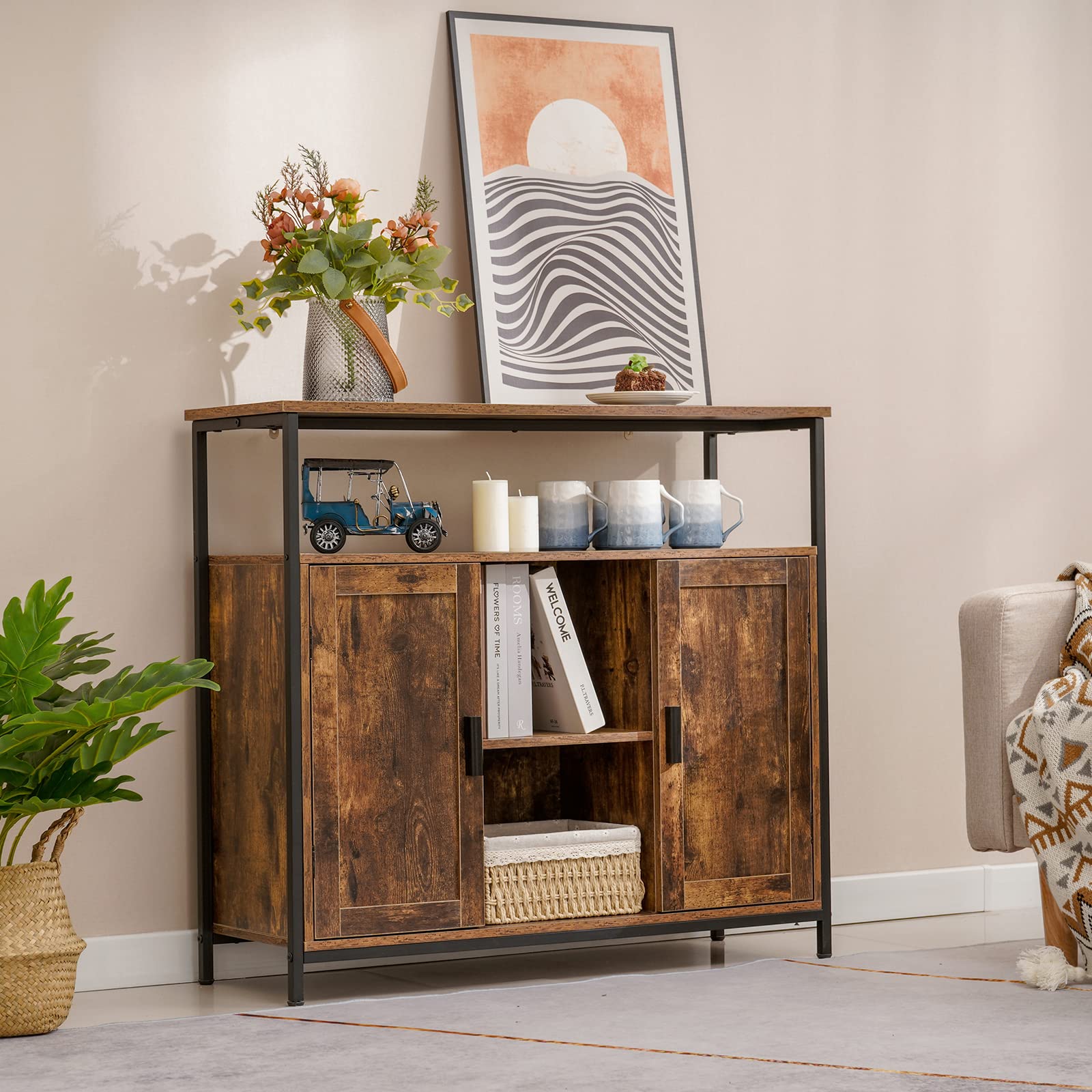 Rustic Brown 2-Door Storage Cabinet with Adjustable Shelves & Open Compartment - Buffet Sideboard for Dining Room & Living Room | Perfect for Home Organization, Kitchen Storage & Displaying Decor