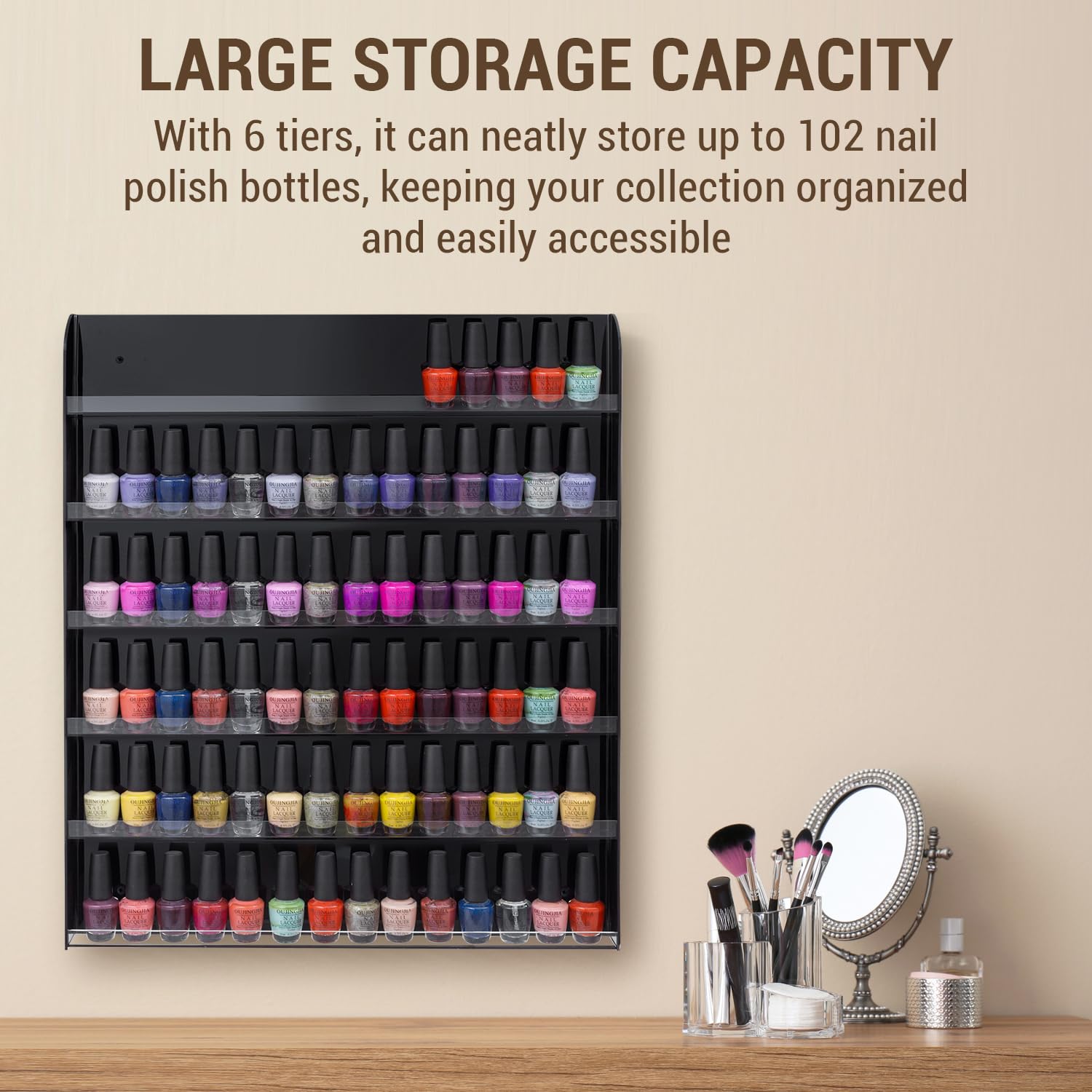 Premium Black Acrylic Wall Mounted Nail Polish Organizer - 6 Tier Salon Display Shelf Holds 102 Bottles for Home & Professional Nail Salon Storage