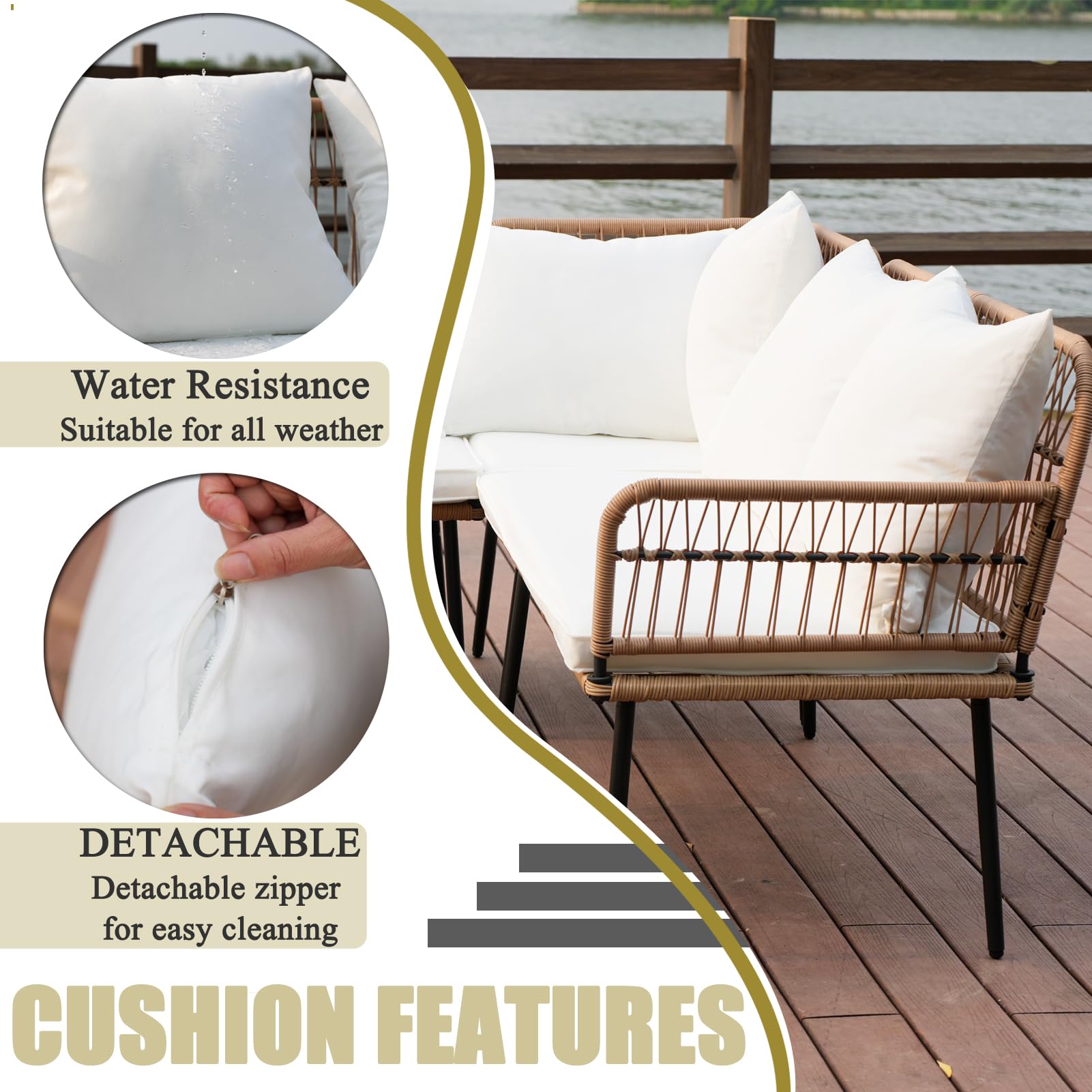 Homsido 4-Piece Boho Patio Sectional Furniture Set - Water-Resistant PE Wicker Sofa Chairs with Rectangular Side Table & White Cushions for Outdoor/Indoor Use - Perfect for Garden, Poolside, and Living Room Conversations