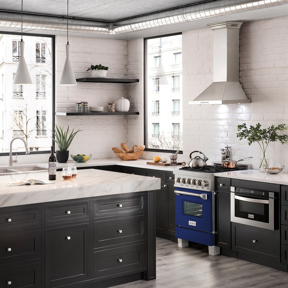 ZLINE 24 Inch 2.8 Cu. Ft. Dual Fuel Range - 4 Burner Gas Cooktop & Electric Convection Oven - Satin Stainless Steel with Blue Gloss Door (RAS BG 24) - Perfect for Modern Kitchens & Professional Cooking