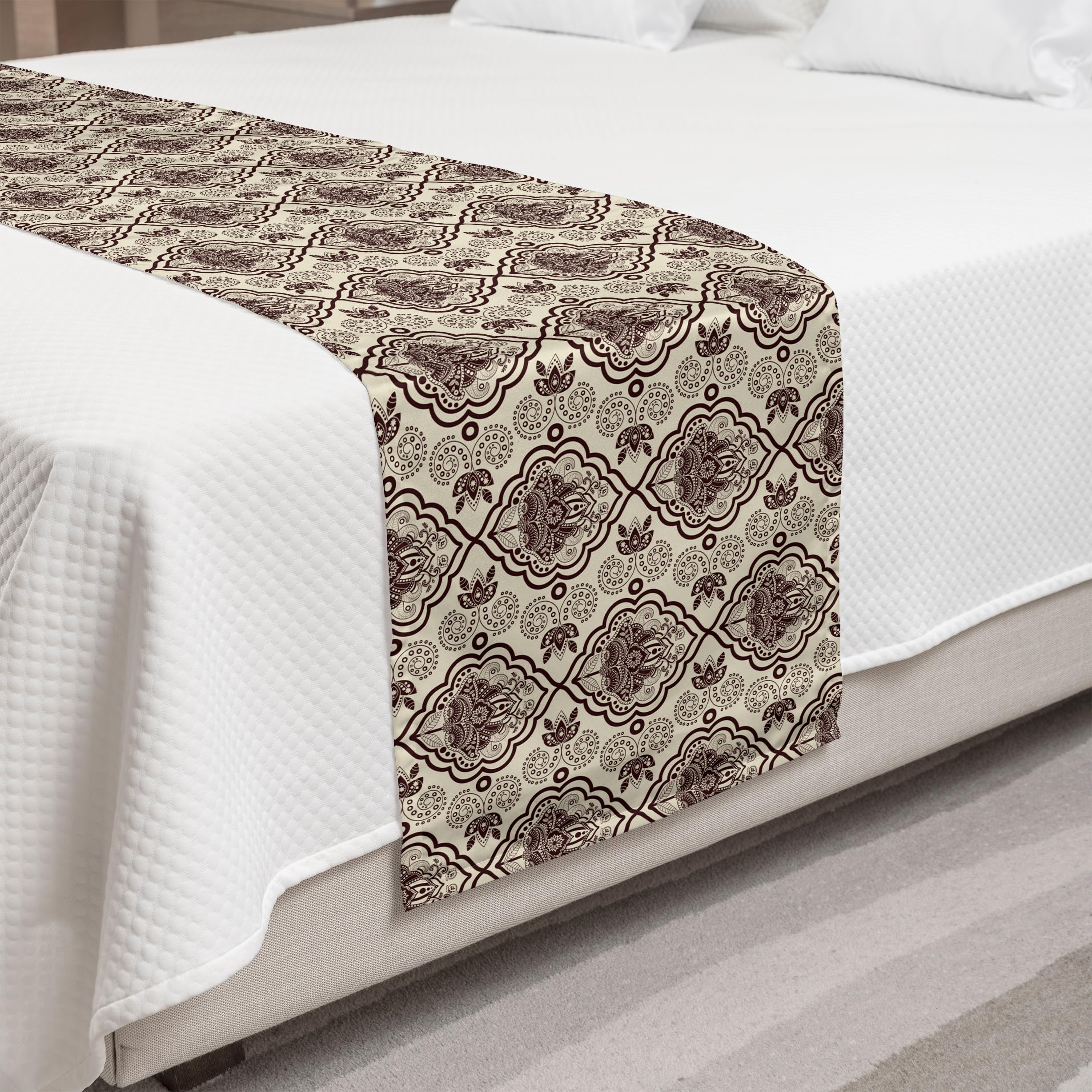 Ambesonne Damask Bed Runner - Abstract Flourish Curvy Frames & Swirly Motifs Exotic Lotus Design - Decorative Accent Bedding Scarf for Hotels, Homes & Guest Rooms in Chestnut Brown & Beige - Perfect for Master Bedrooms, Luxury Hotels & Wedding Decor