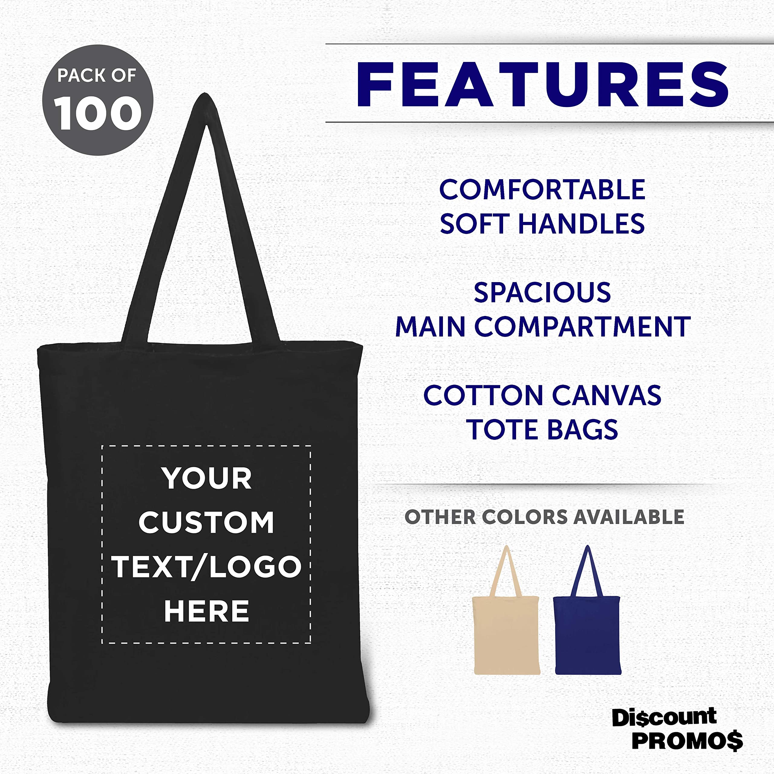 Custom Cotton Canvas Tote Bags Bulk Pack - 100 Reusable Eco-Friendly Shopping Bags for Grocery, Beach, Picnic & Wedding Favors - Personalized Promotional Gift Bags for Business Events & Retail Stores