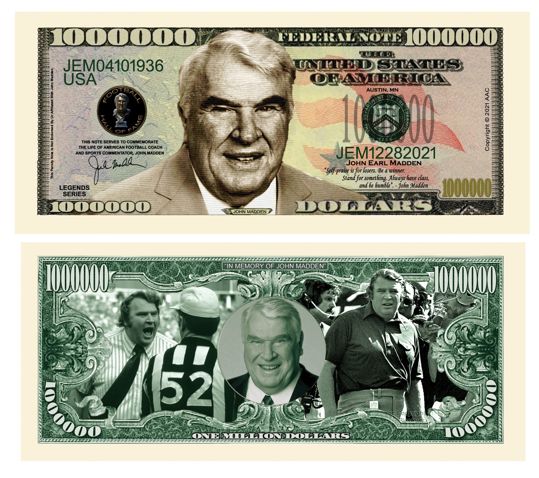 John Madden Limited Edition Collectible Dollar Bill - Pack of 25 Full Color Printed Bills | Perfect Gift for Football Fans & Sports Memorabilia Collectors | Great for Game Day Decor, Man Cave, or Sports Themed Parties
