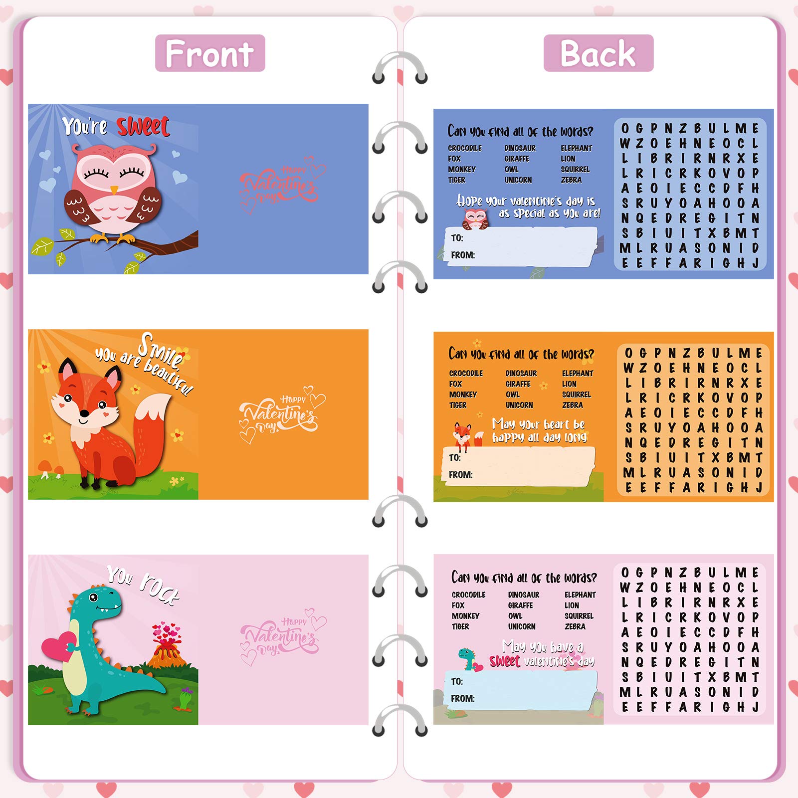 Zonon 30-Piece Woodland Animal Valentine's Day Cards for Kids with Envelopes - Classroom Exchange Cards with Word Search Puzzle - Perfect for School Parties & Friendship Gifts