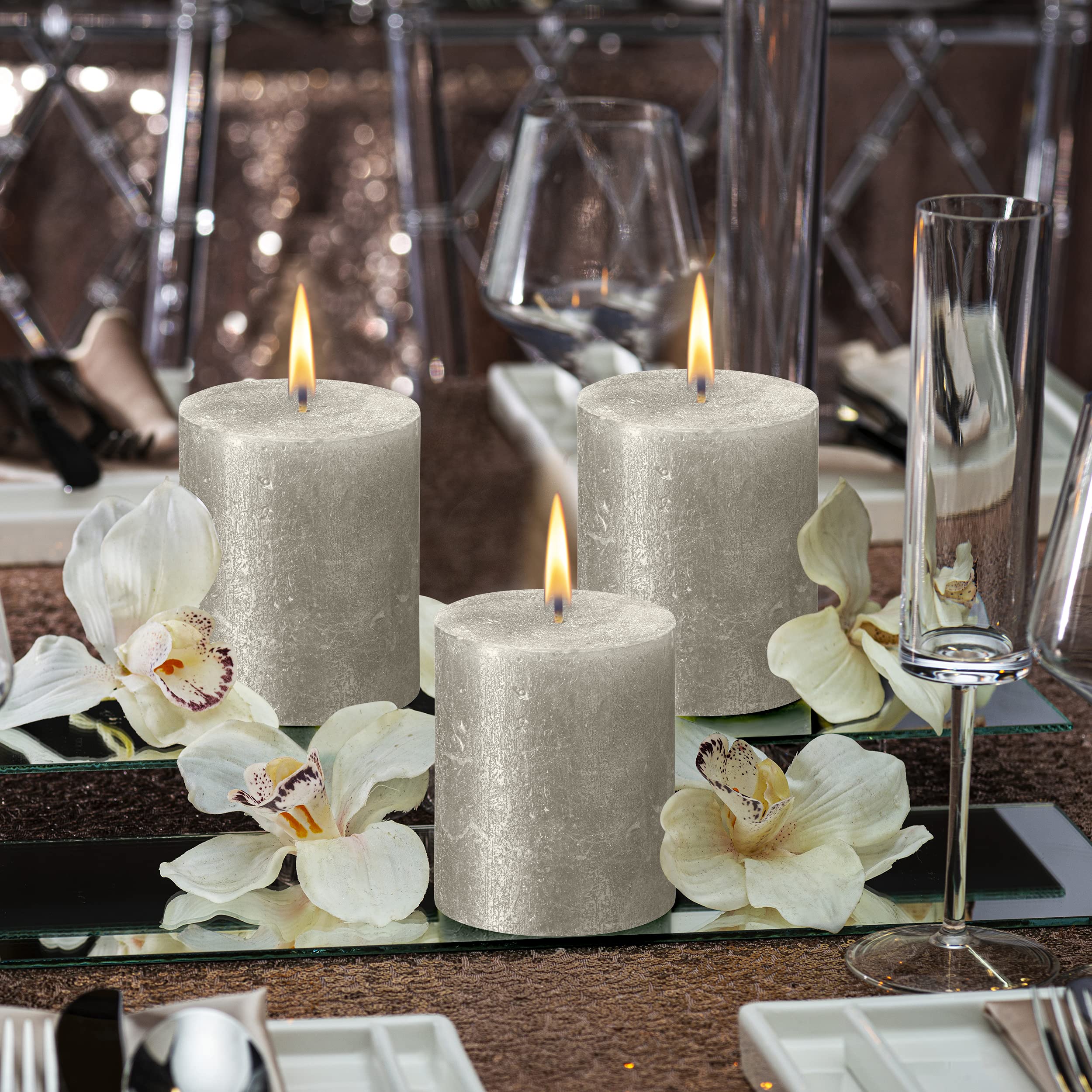 BOLSIUS Silver Shimmer Metallic Pillar Candles 4 Pack - 2.75